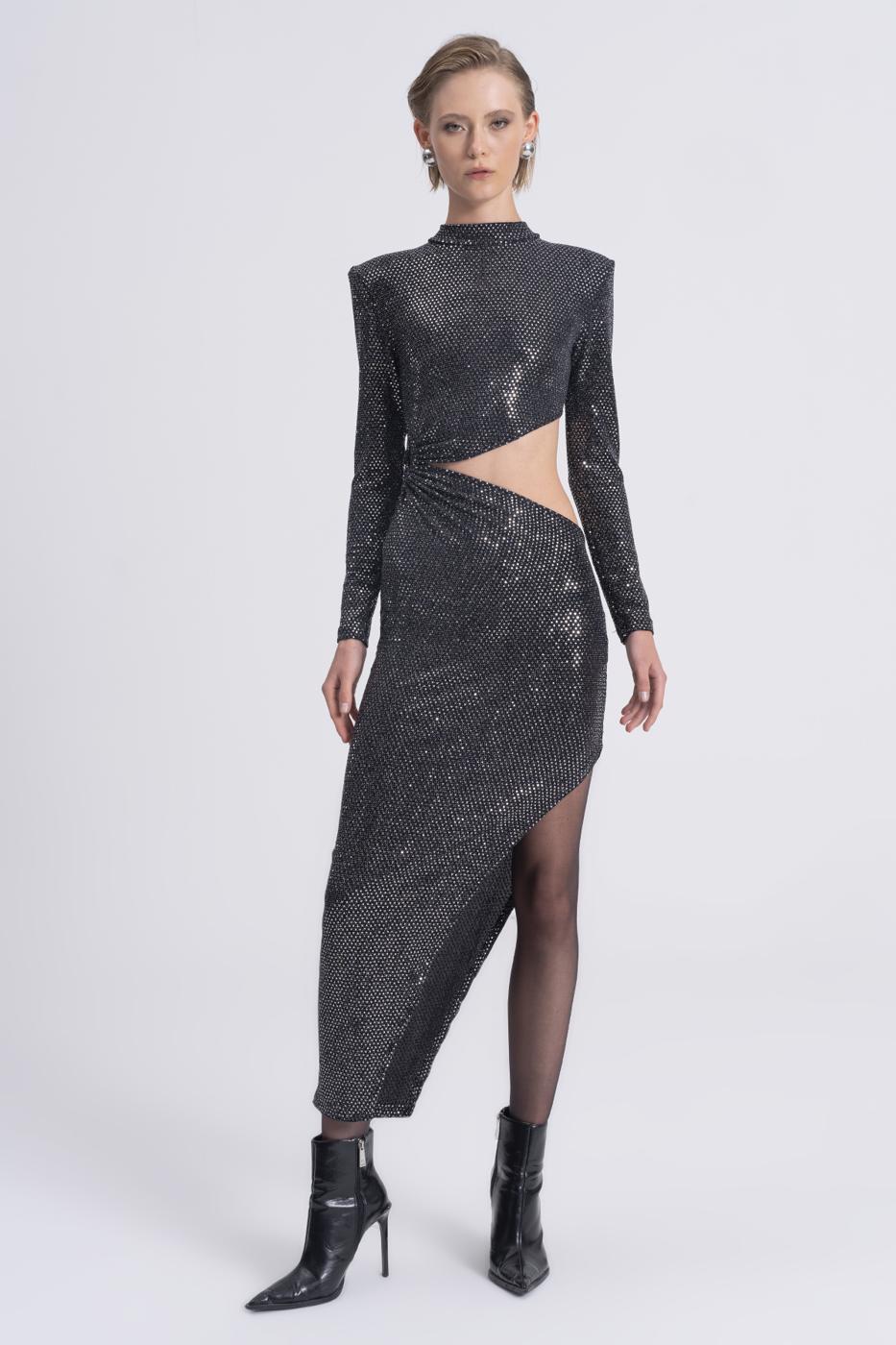 Sequined Deep Slit and Low Waist Midi Dress Silver