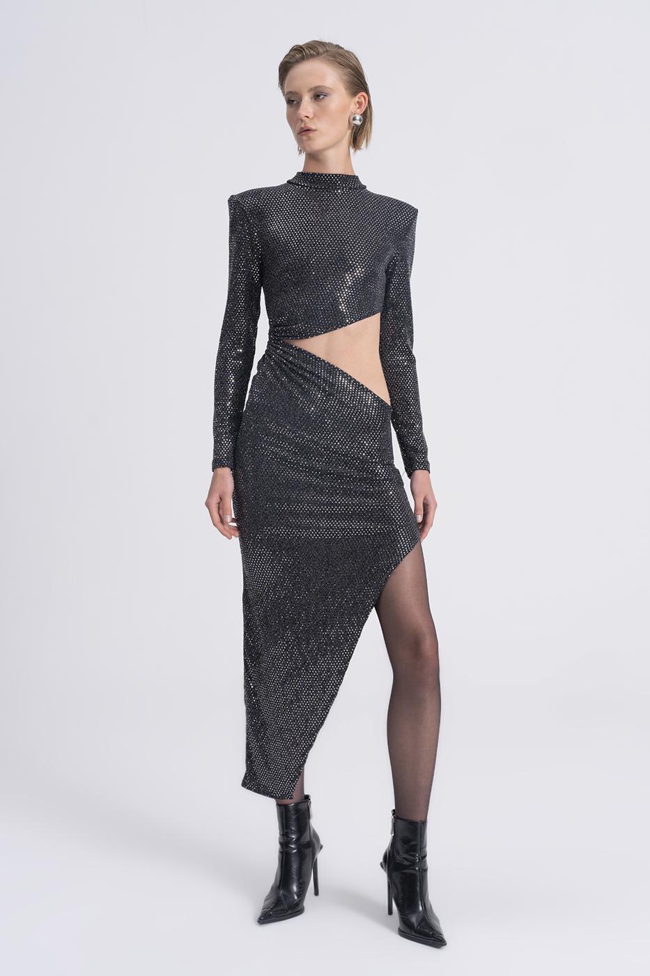 Sequined Deep Slit and Low Waist Midi Dress Silver