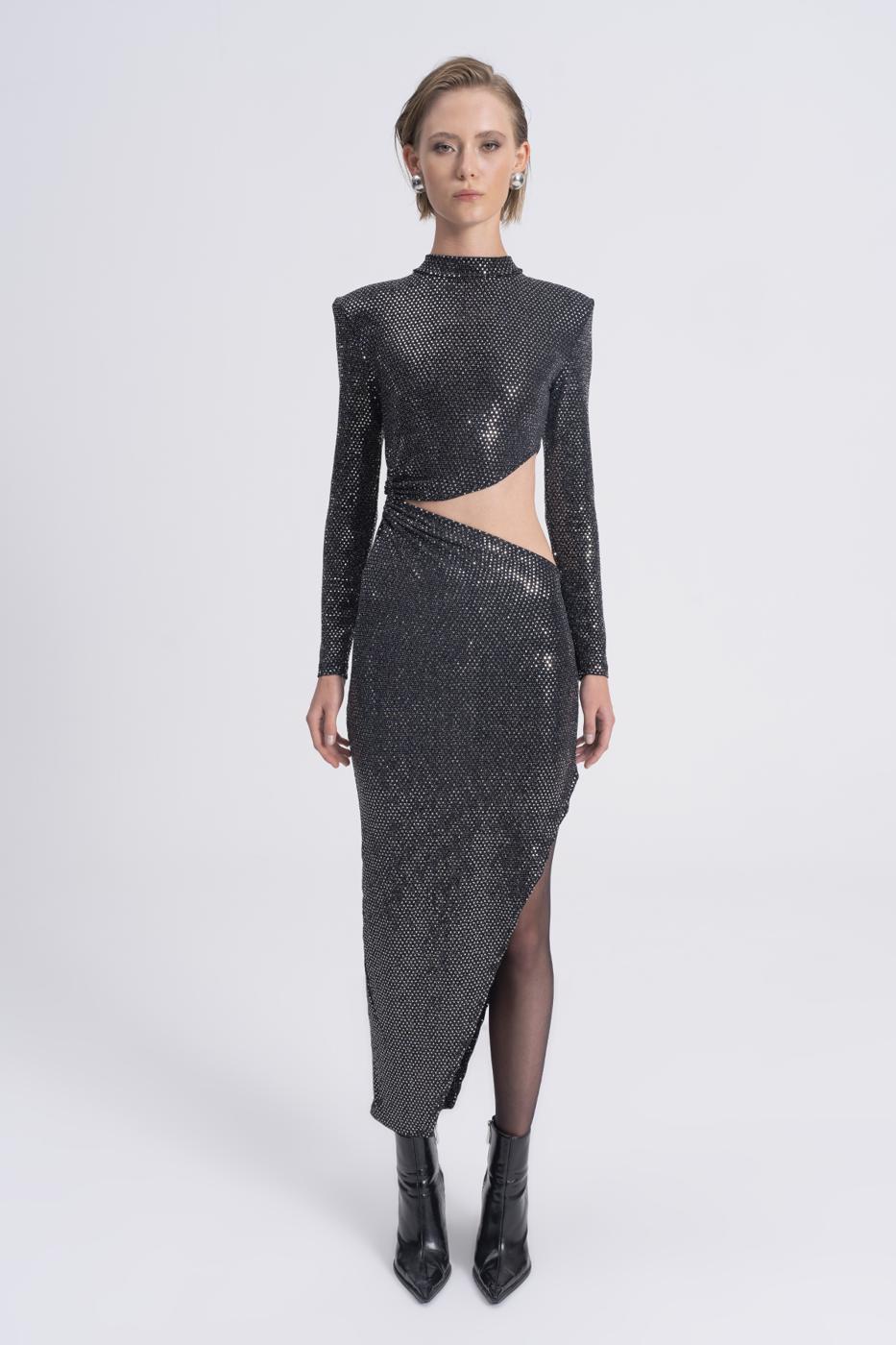 Sequined Deep Slit and Low Waist Midi Dress Silver