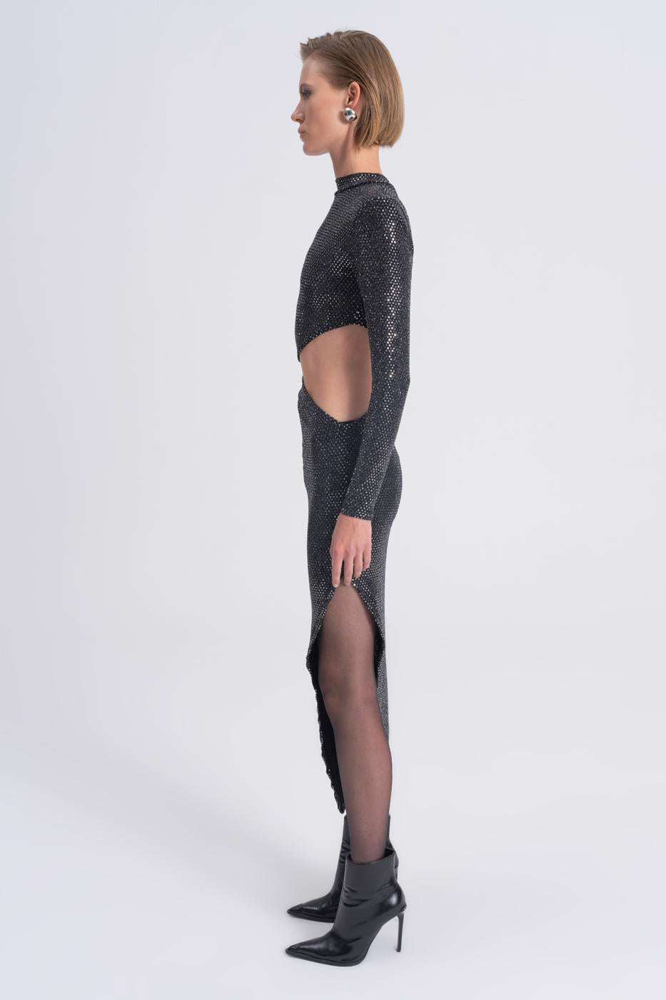 Sequined Deep Slit and Low Waist Midi Dress Silver
