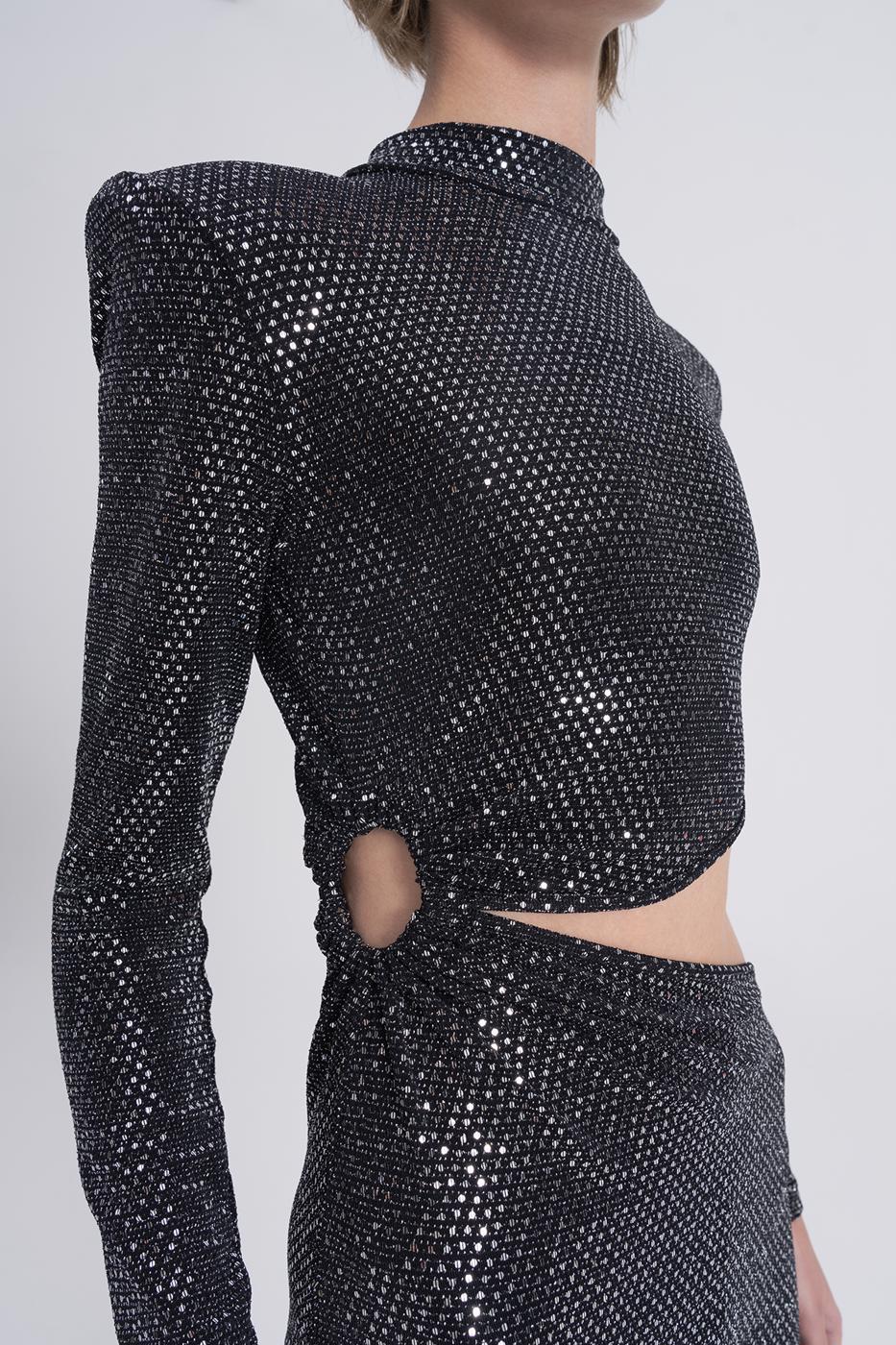 Sequined Deep Slit and Low Waist Midi Dress Silver