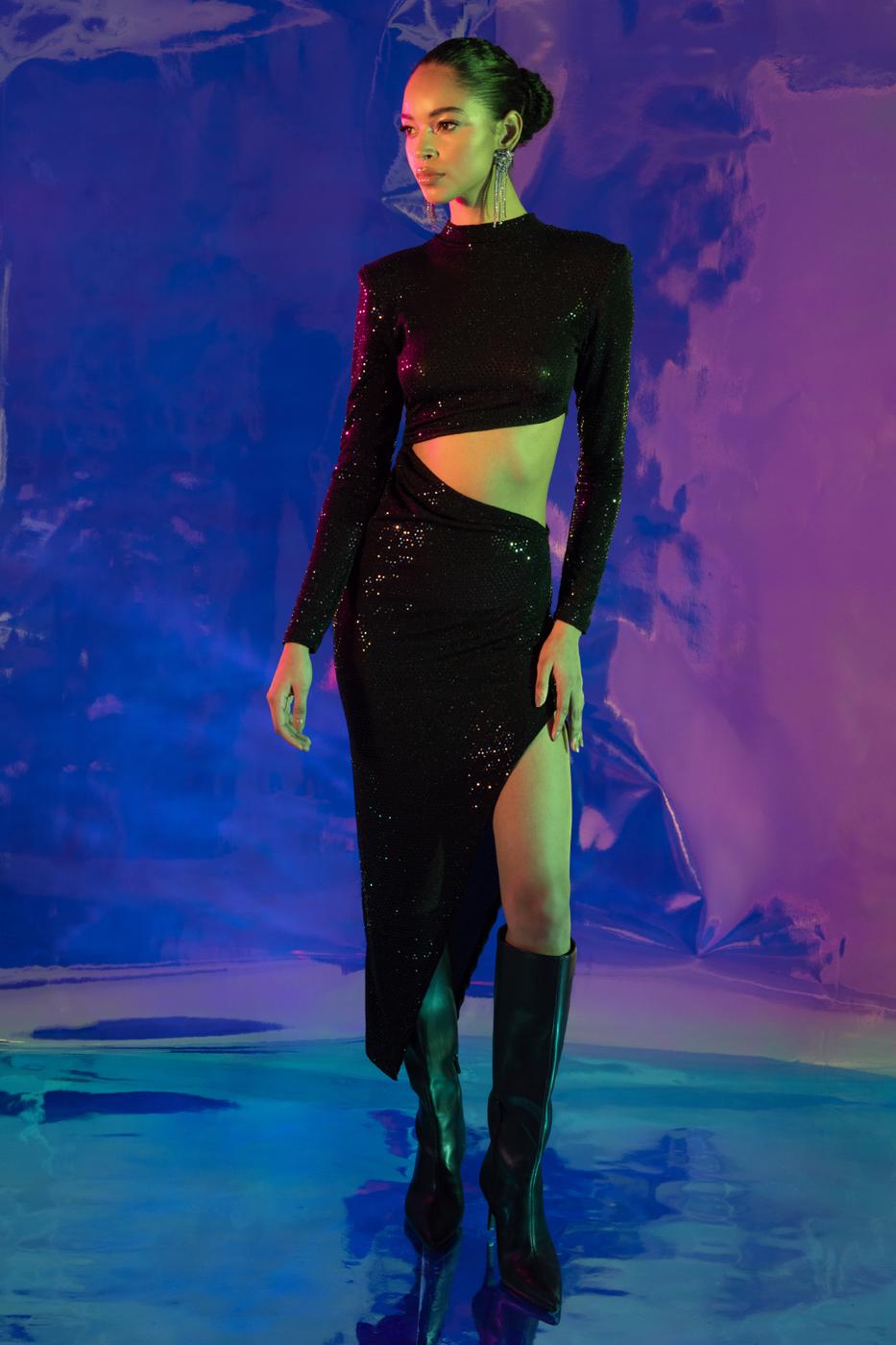 Sequined Deep Slit and Low Waist Midi Dress Black