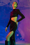 Sequined Deep Slit and Low Waist Midi Dress Black