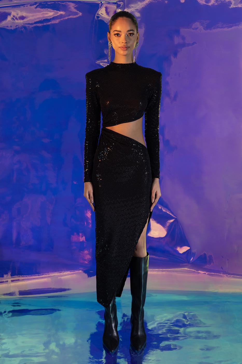 Sequined Deep Slit and Low Waist Midi Dress Black