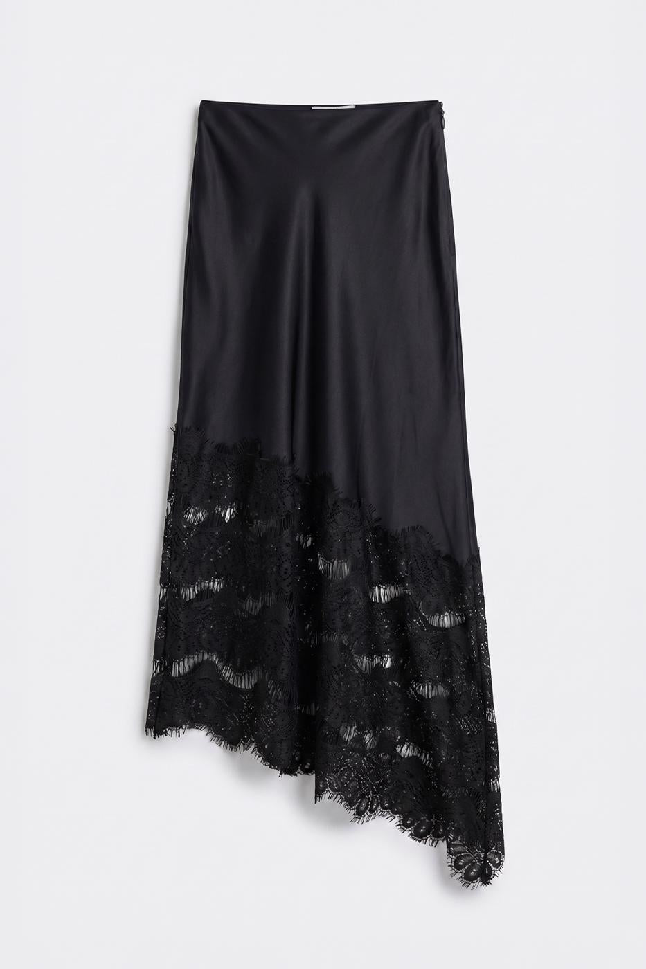 Satin Lace Midi Skirt Black