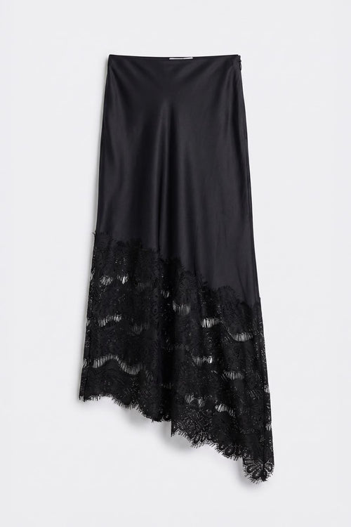 Satin Lace Midi Skirt Black