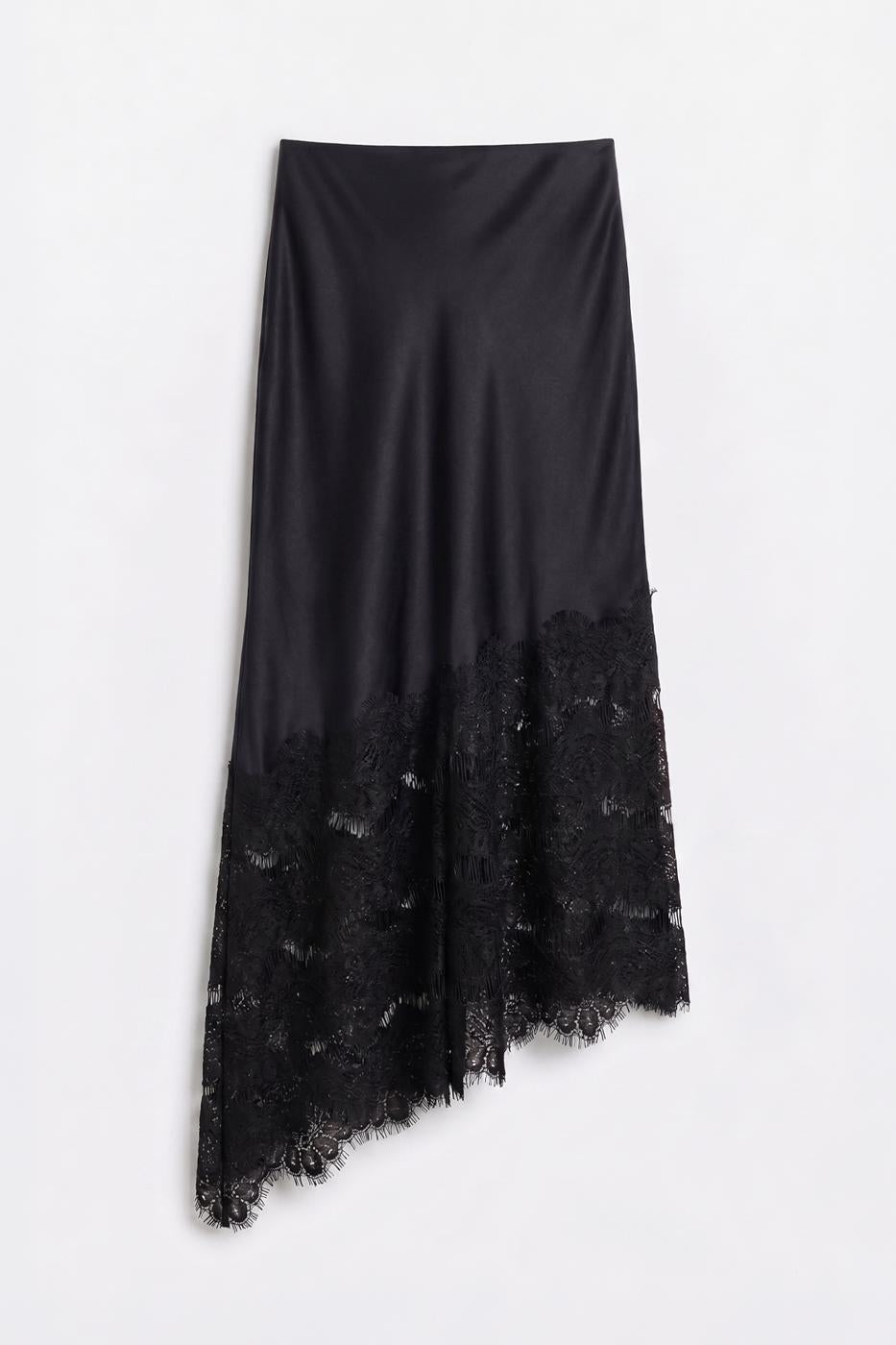 Satin Lace Midi Skirt Black