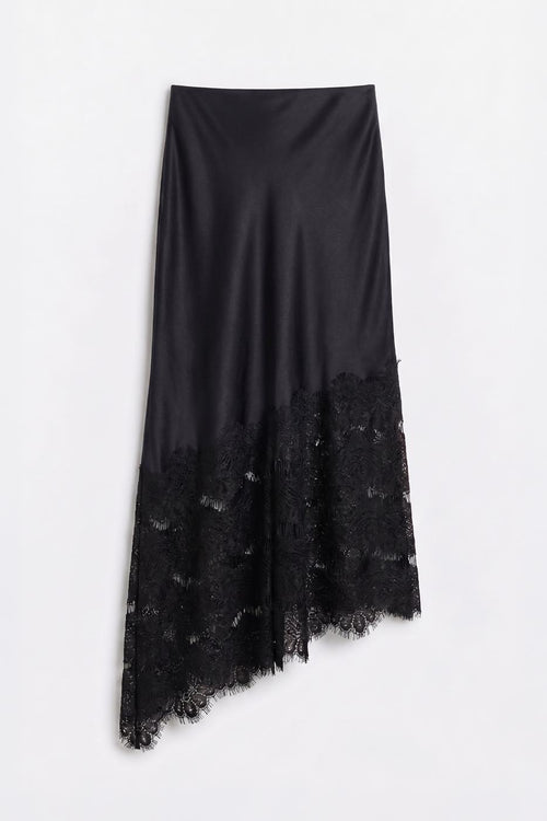 Satin Lace Midi Skirt Black