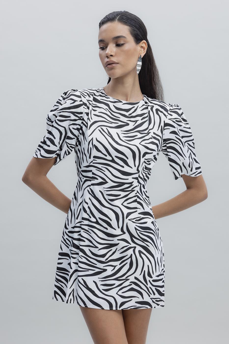 Satin Zebra Patterned Mini Dress White