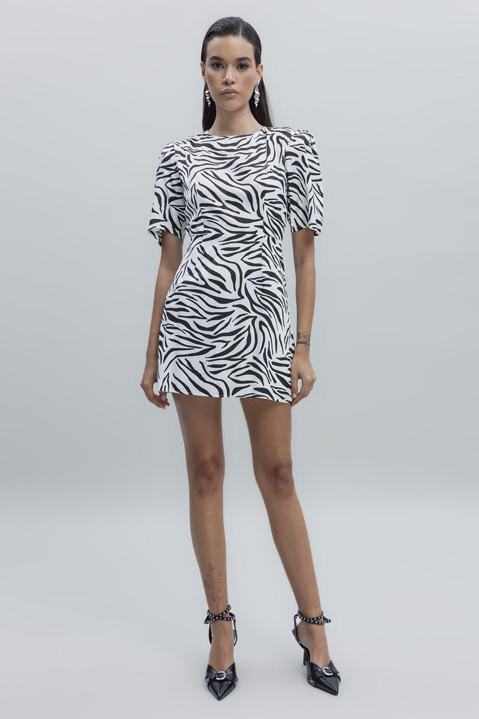 Satin Zebra Patterned Mini Dress White