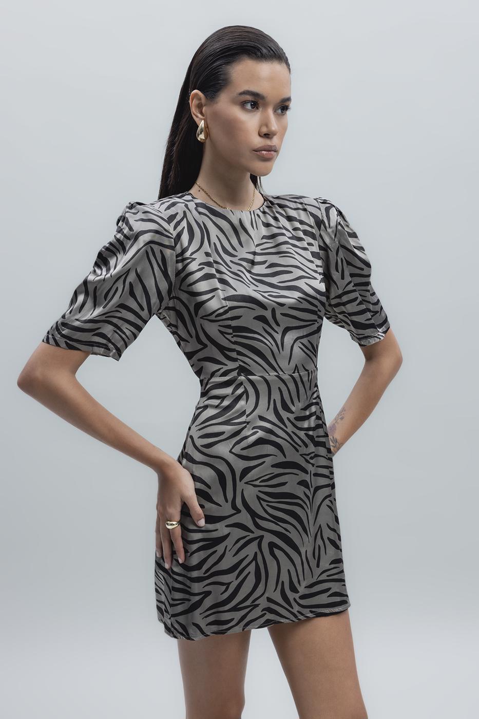 Satin Zebra Patterned Mini Dress Mink