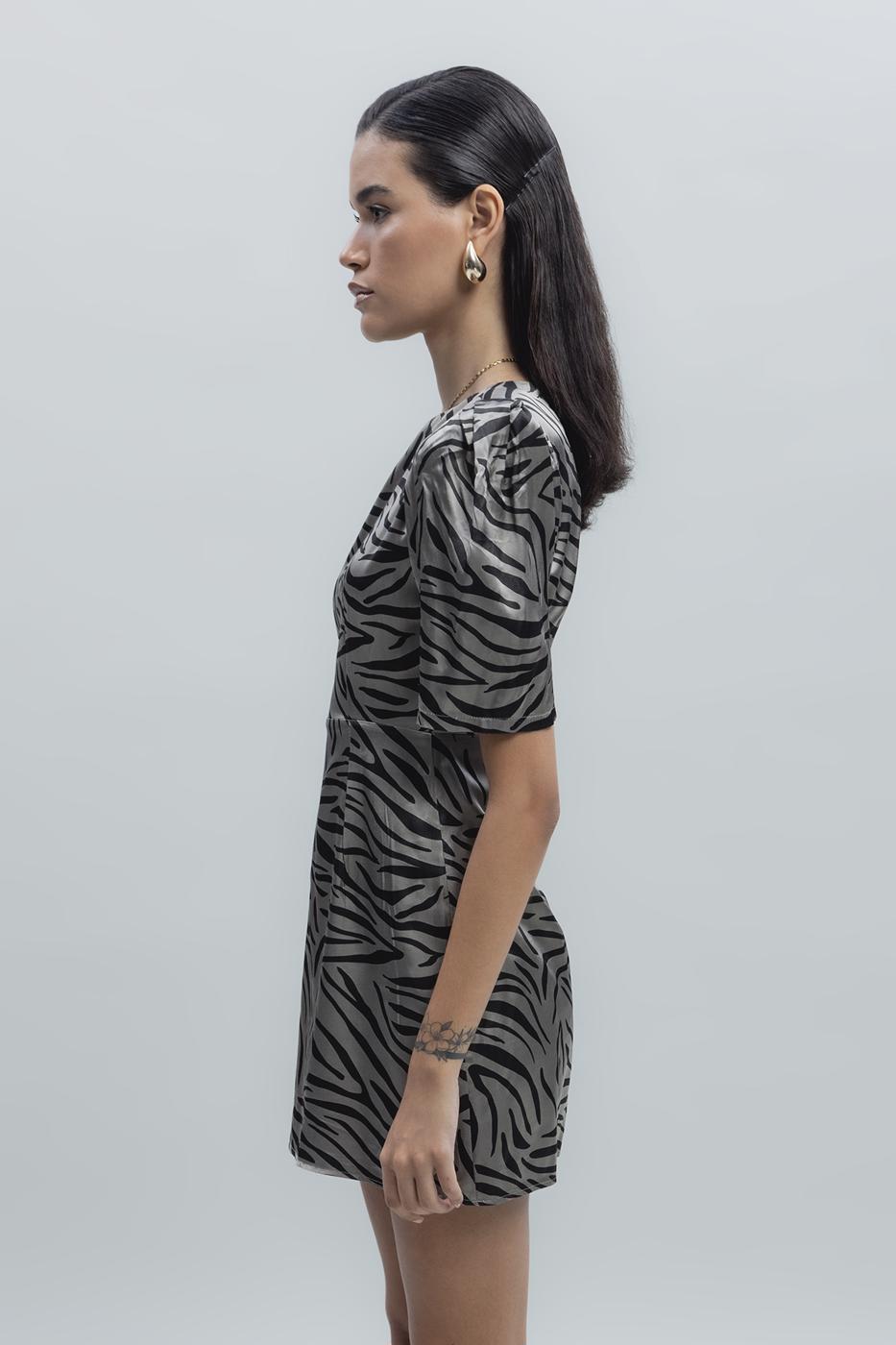 Satin Zebra Patterned Mini Dress Mink