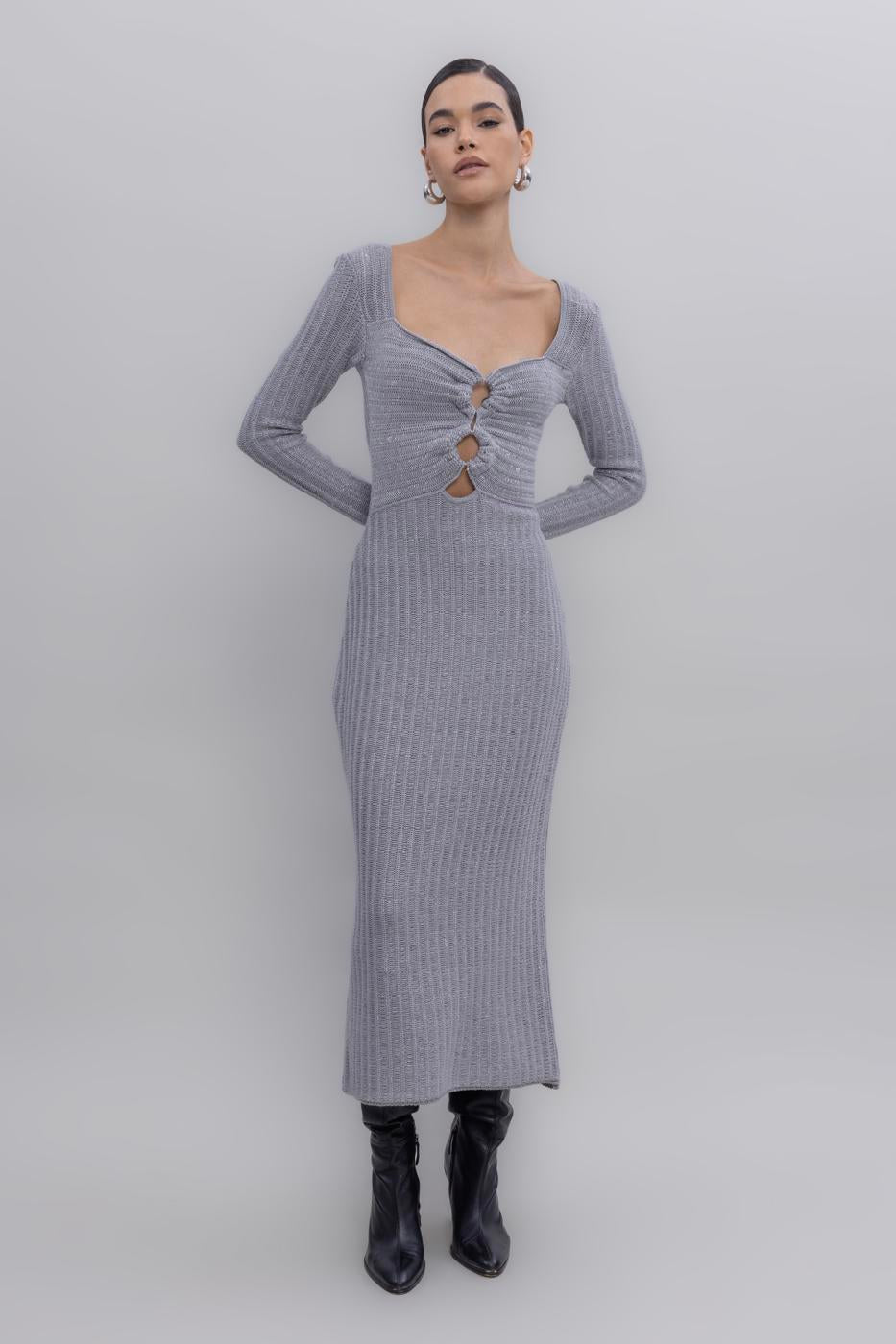 Glitter Midi Knit Dress Grey