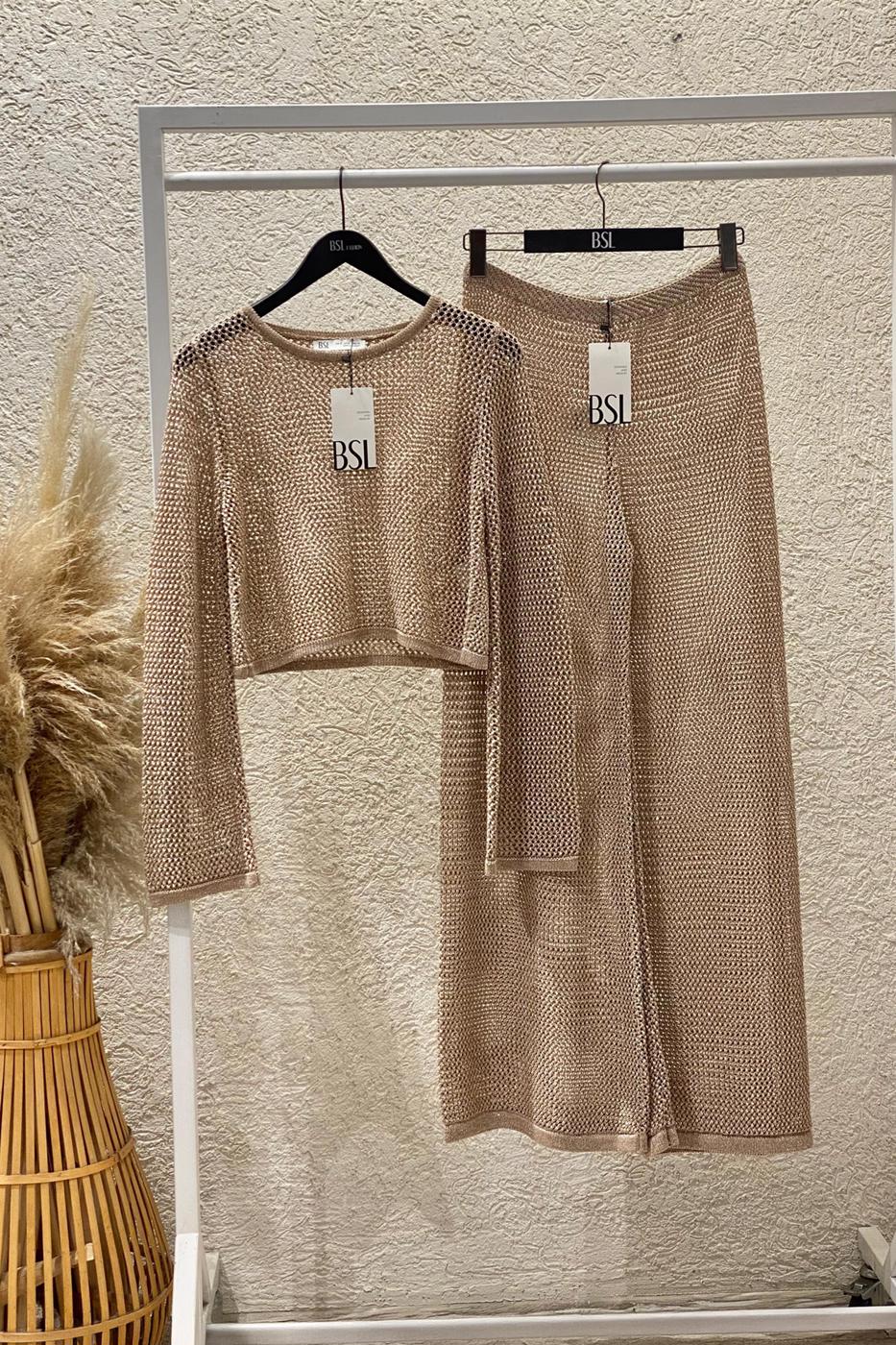 Glittery Knitted Loose Beach Pants Beige