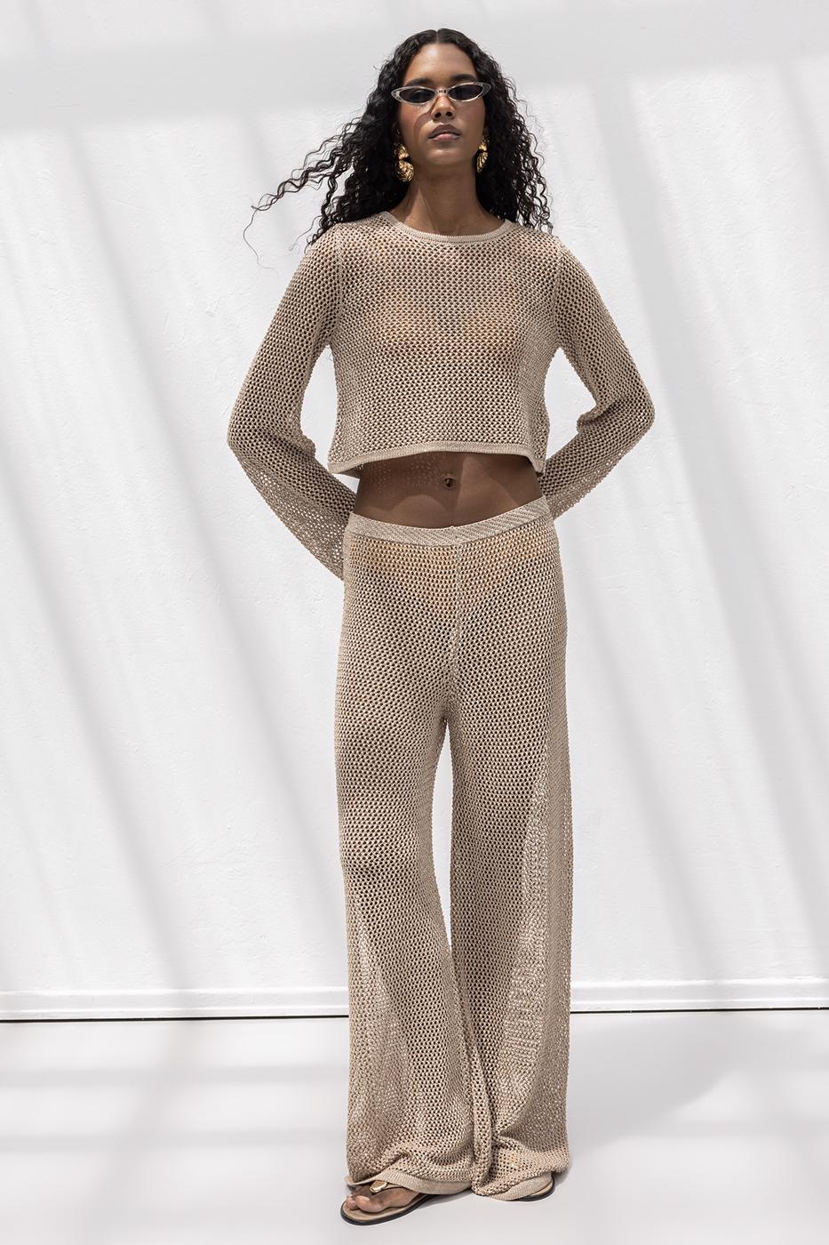 Glittery Knitted Loose Beach Pants Beige