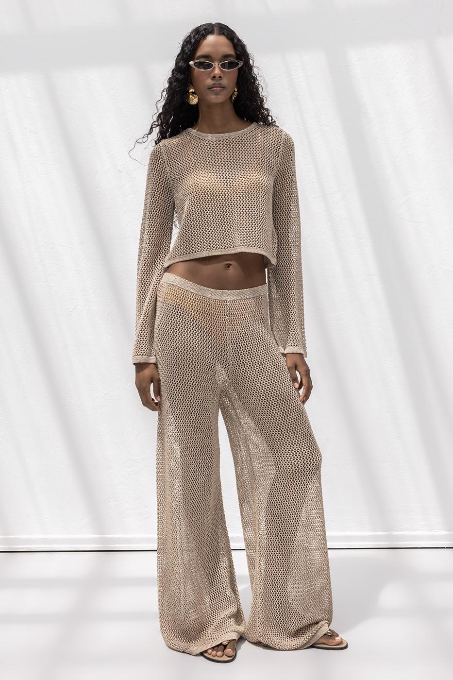 Glittery Knitted Loose Beach Pants Beige