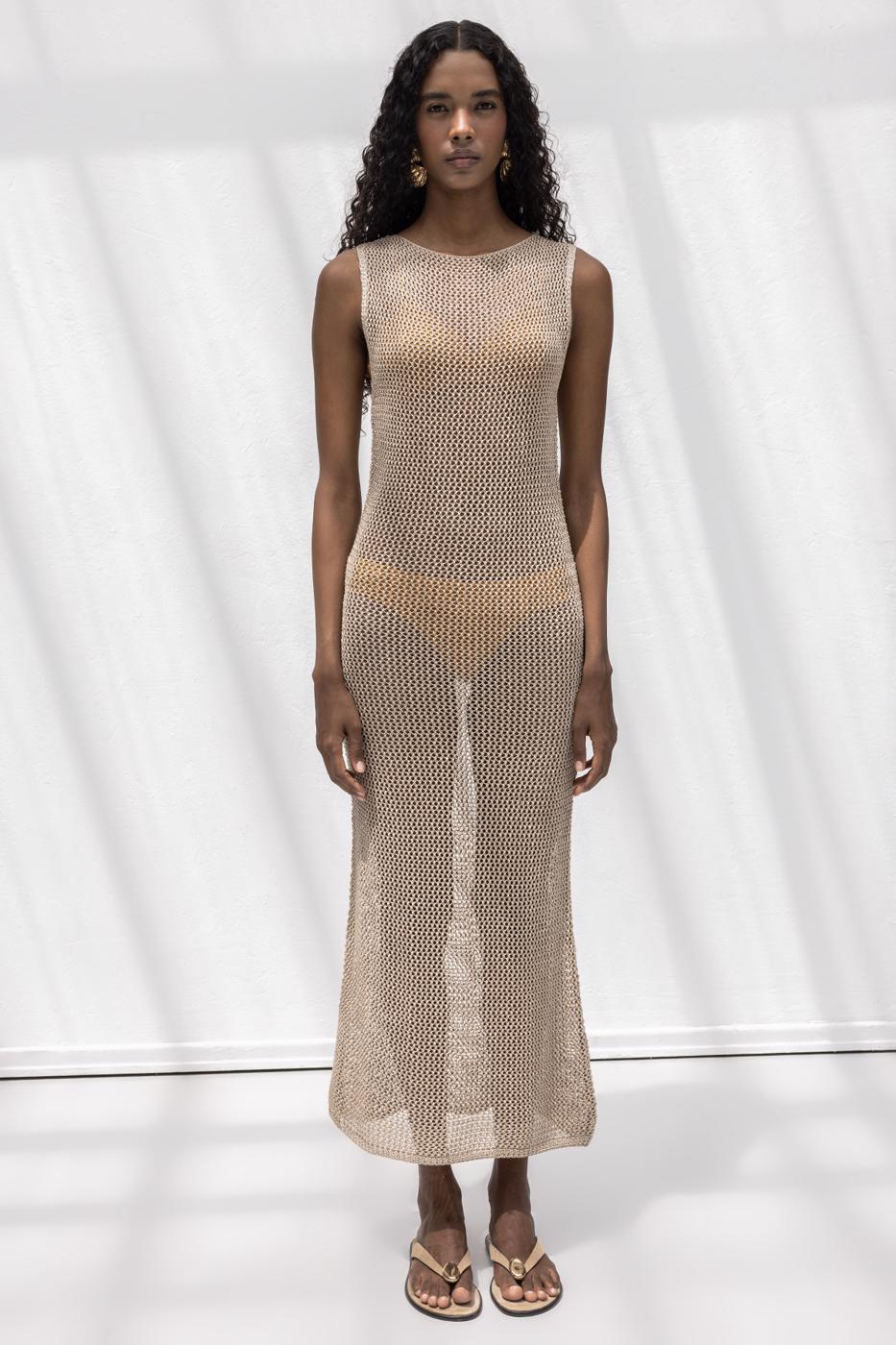 Glittery Knit Maxi Beach Dress Beige