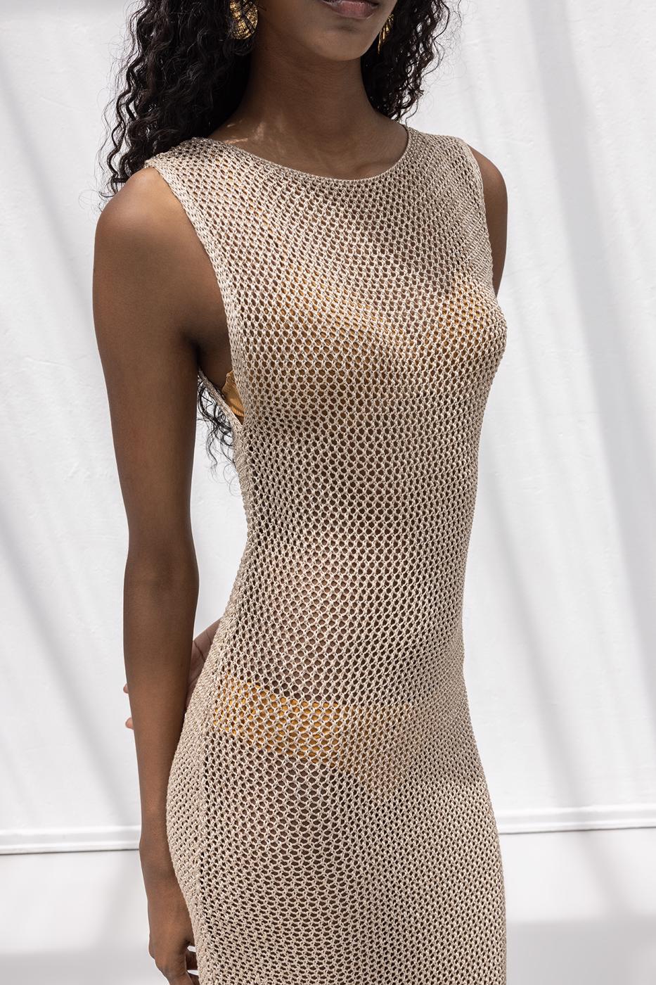 Glittery Knit Maxi Beach Dress Beige