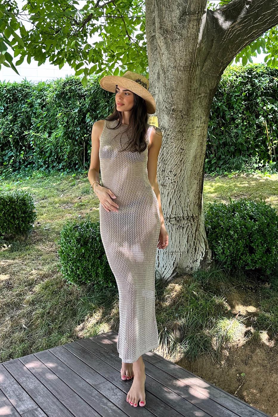 Glittery Knit Maxi Beach Dress Beige
