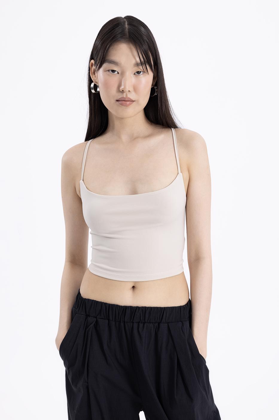 Neck tie strapped top Beige