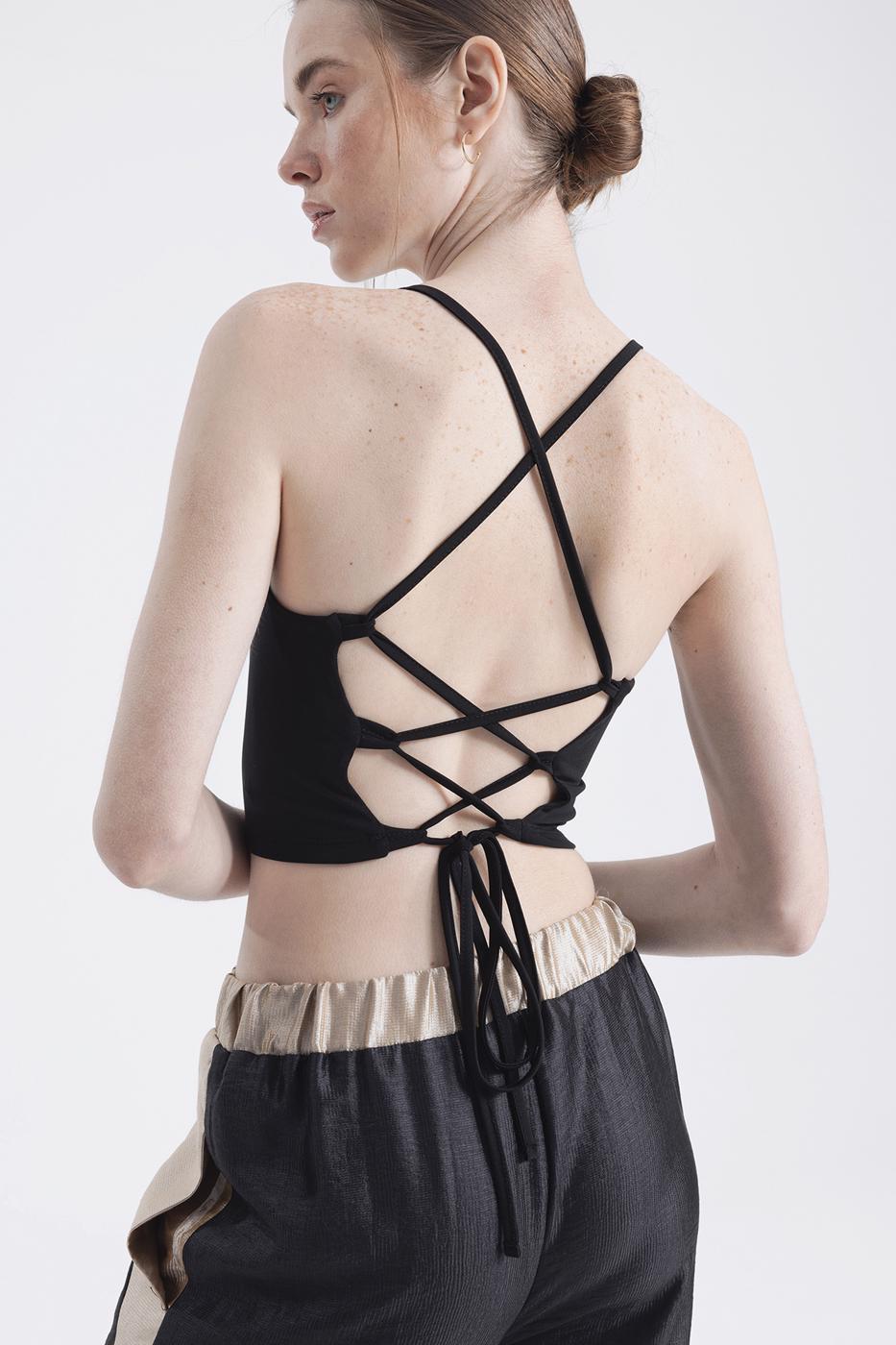Neck tie strapped top Black