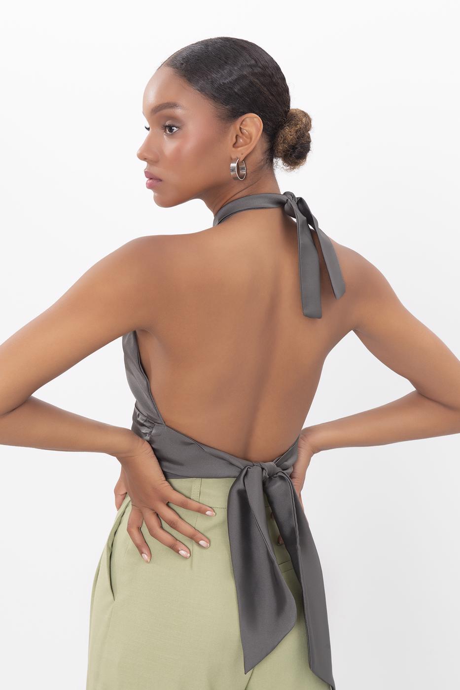Open back tie detailed blouse Khaki