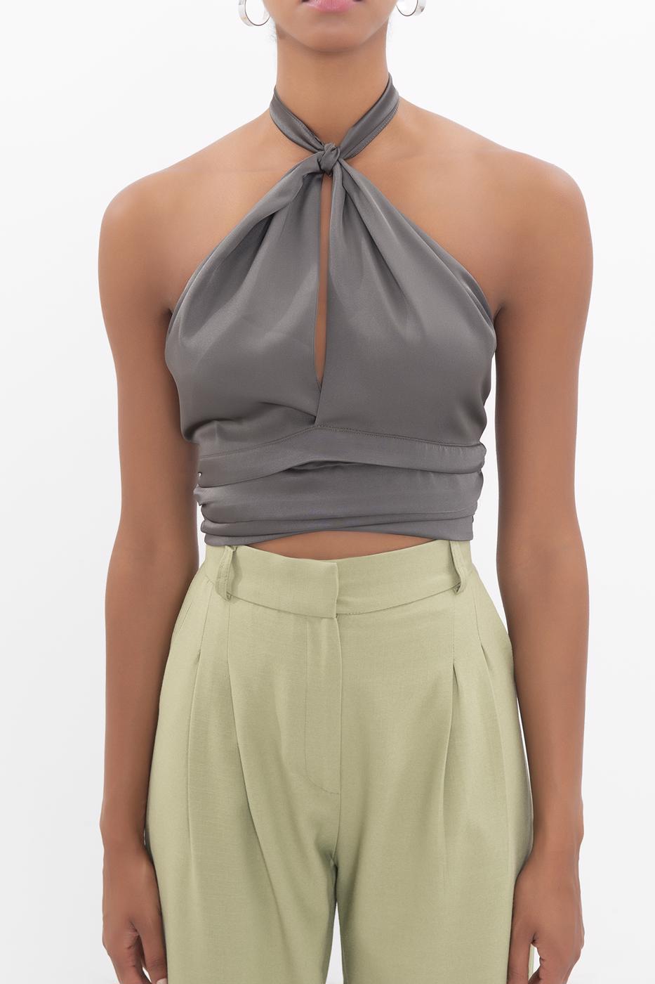 Open back tie detailed blouse Khaki