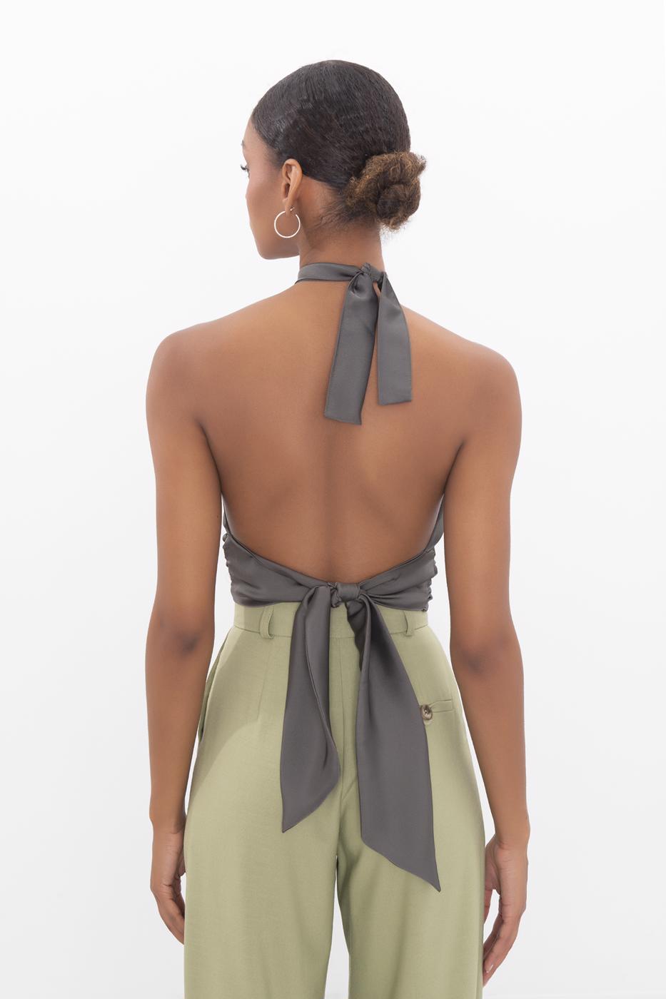 Open back tie detailed blouse Khaki