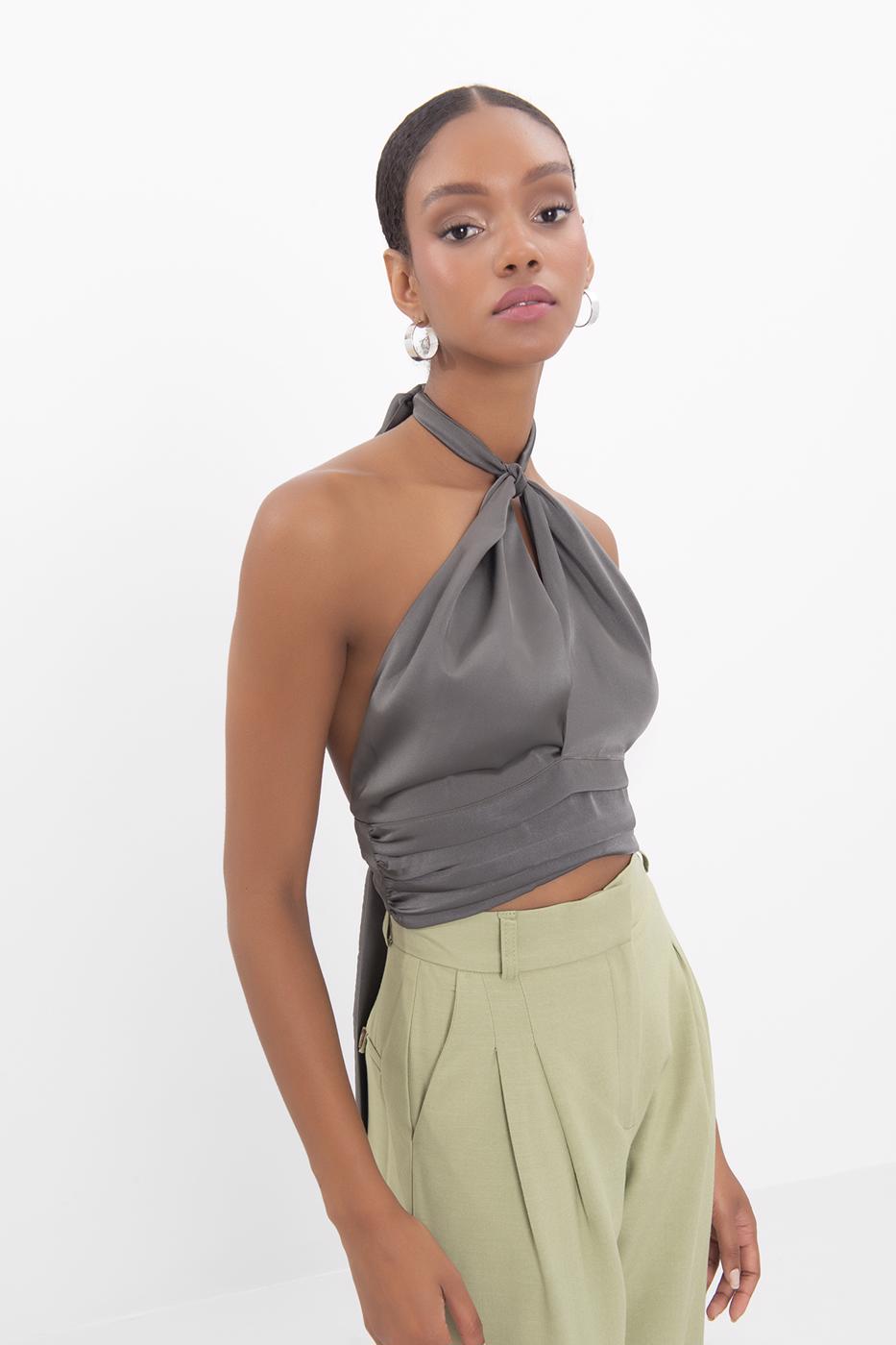 Open back tie detailed blouse Khaki