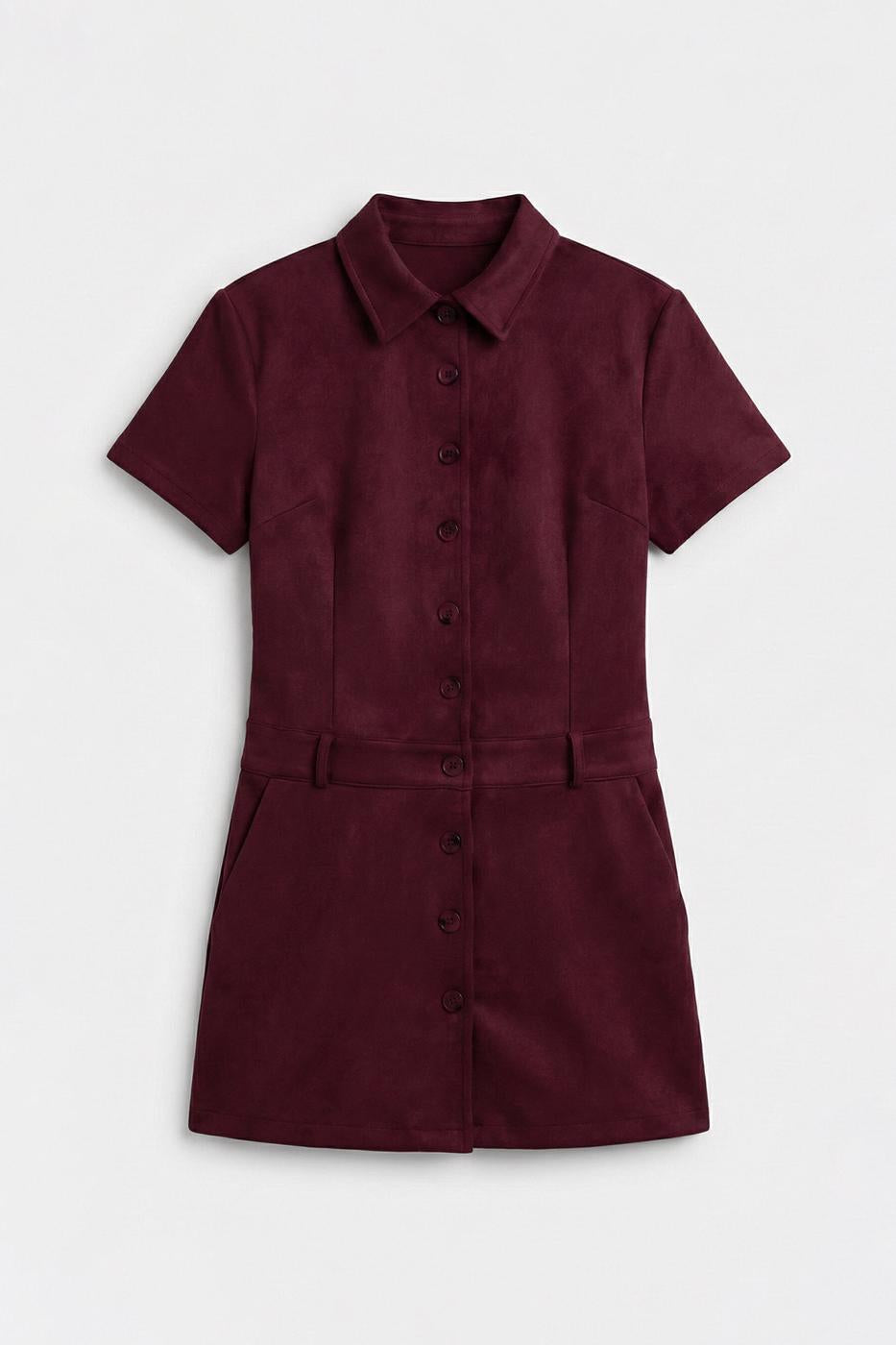 Suede-Look Mini Button-Down Dress Burgundy