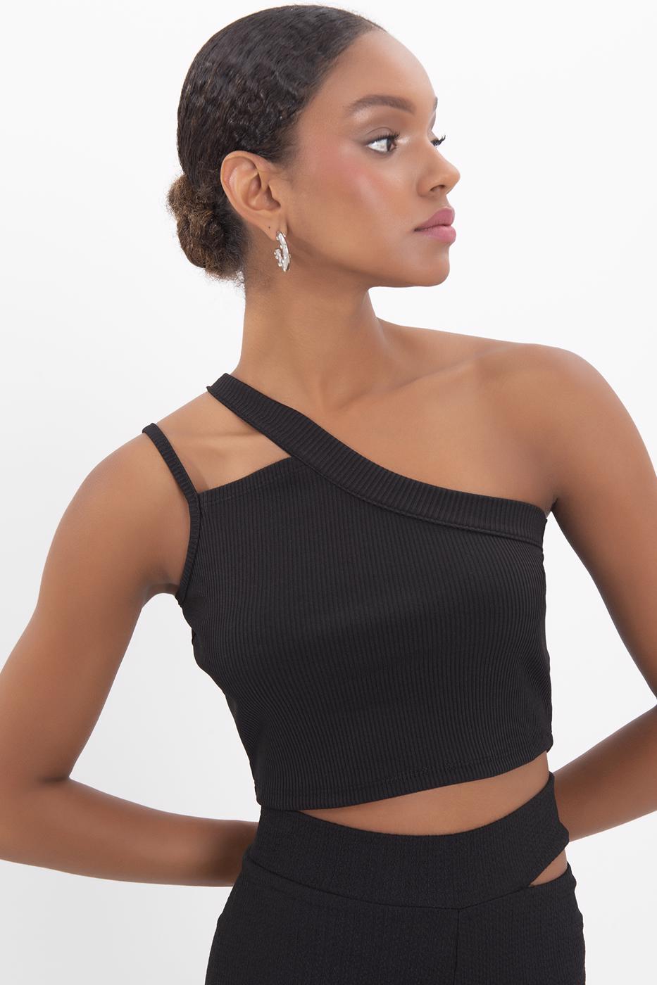 One shoulder strapped crop top Black