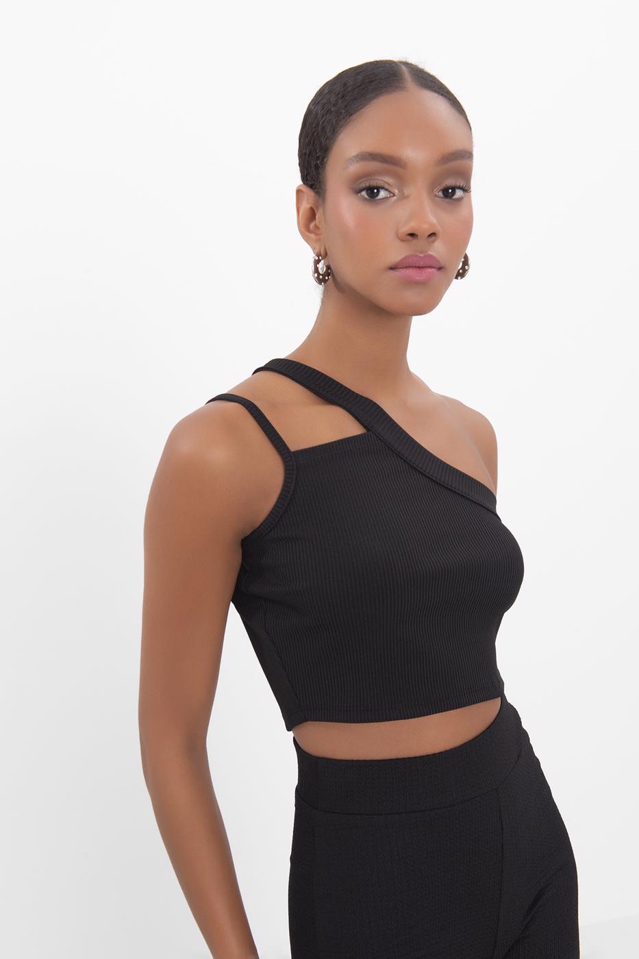 One shoulder strapped crop top Black
