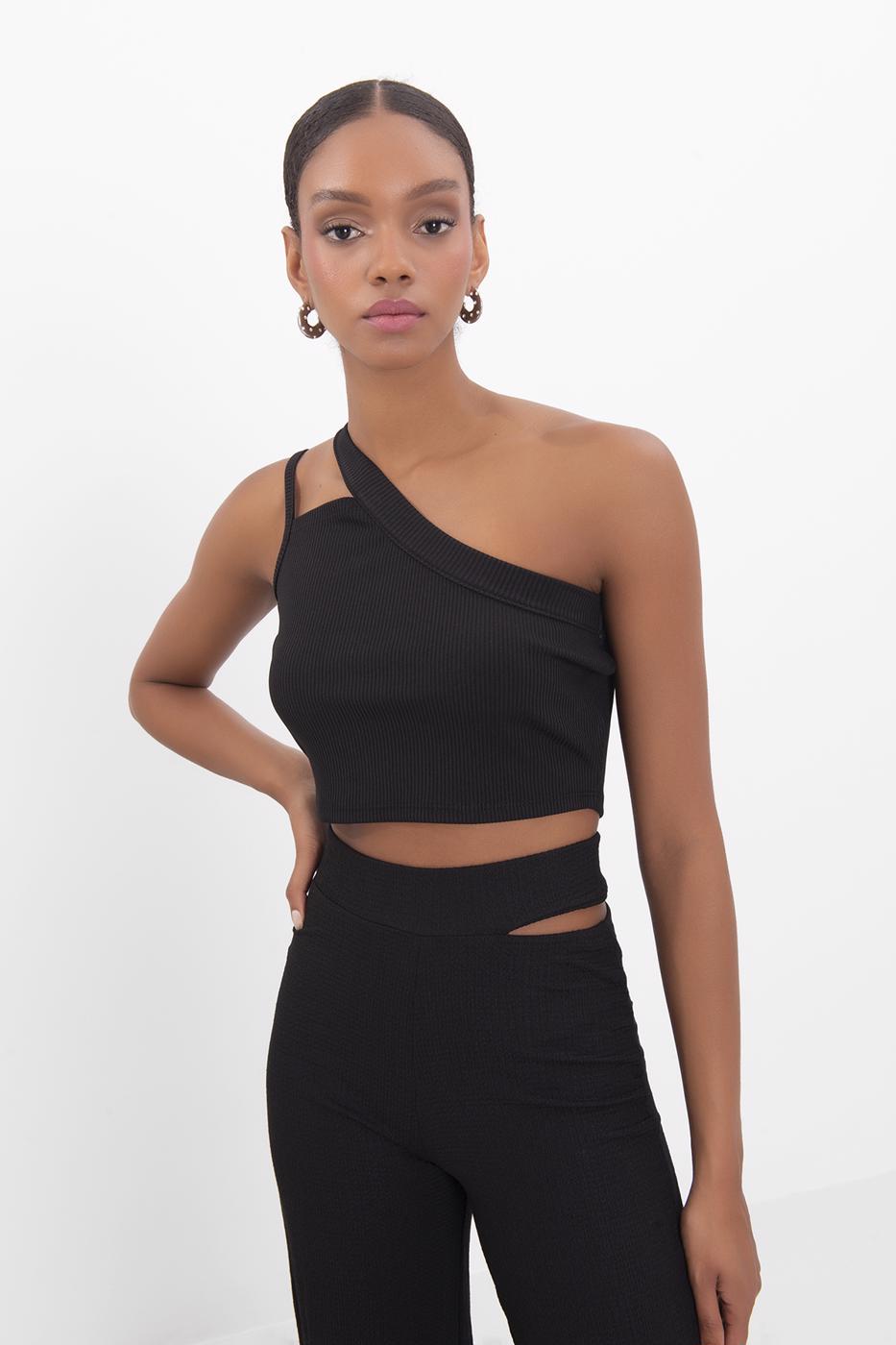 One shoulder strapped crop top Black