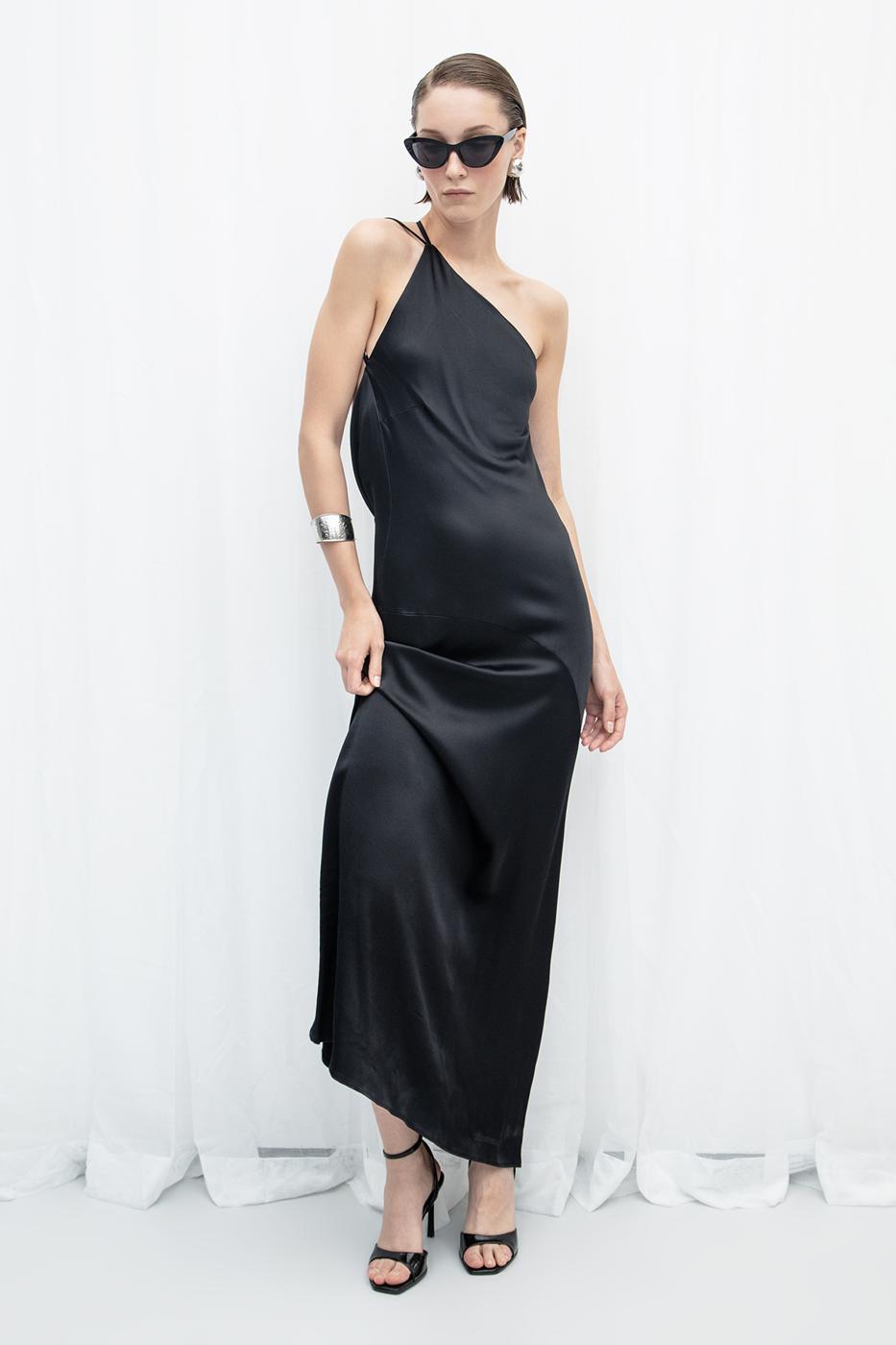 One Shoulder Detailed Satin Maxi Dress
