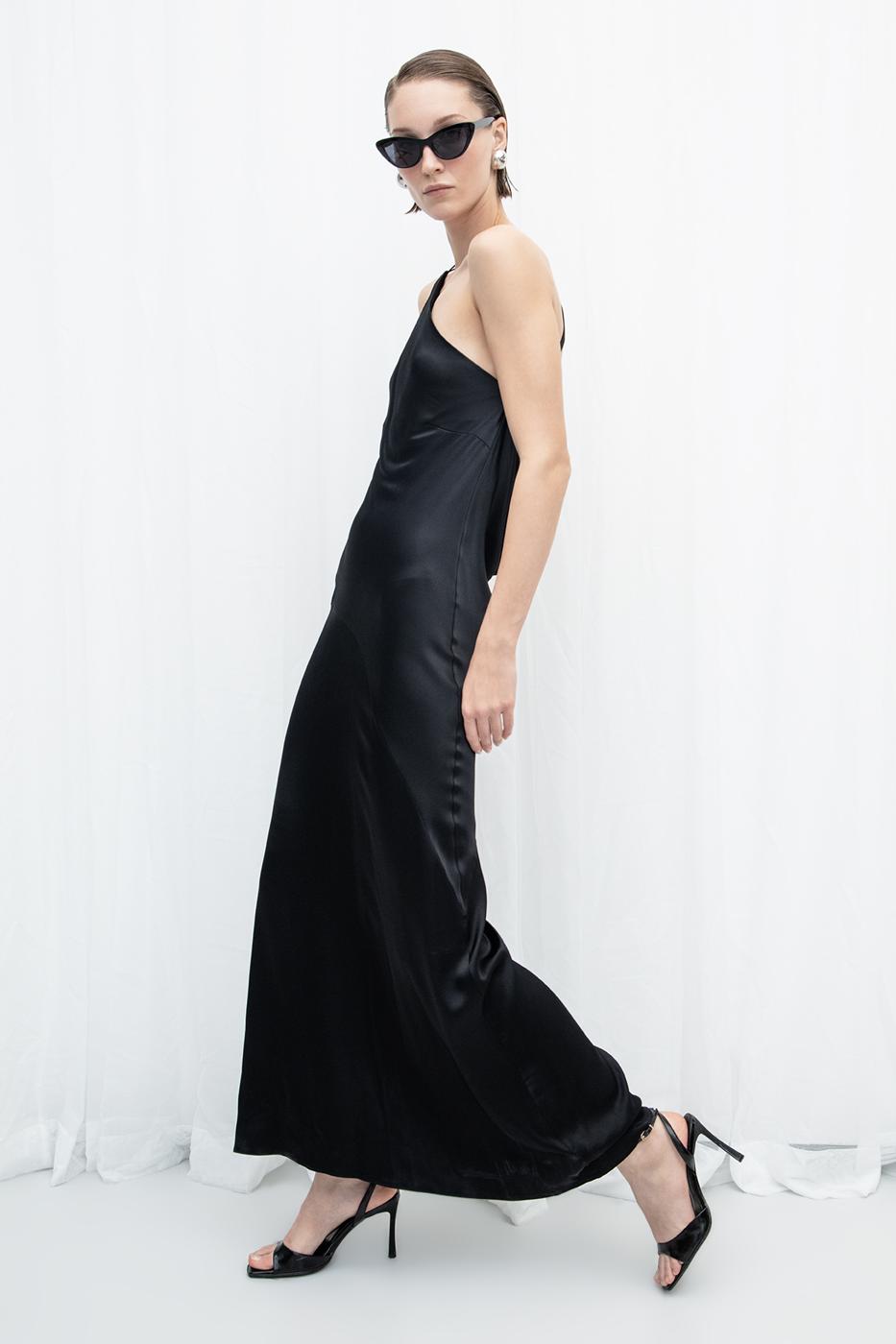 One Shoulder Detailed Satin Maxi Dress
