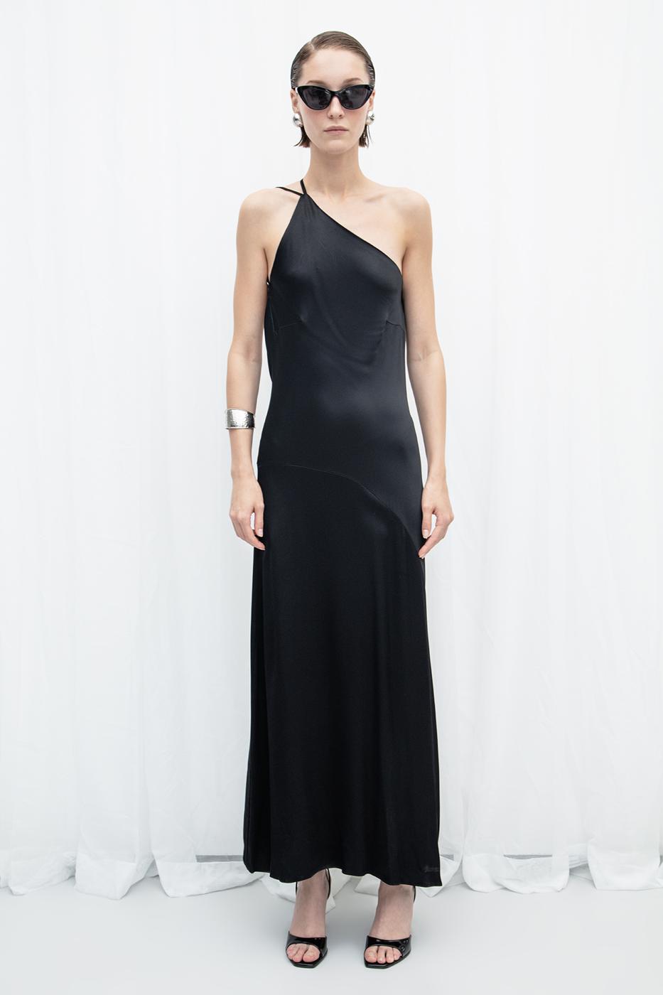 One Shoulder Detailed Satin Maxi Dress