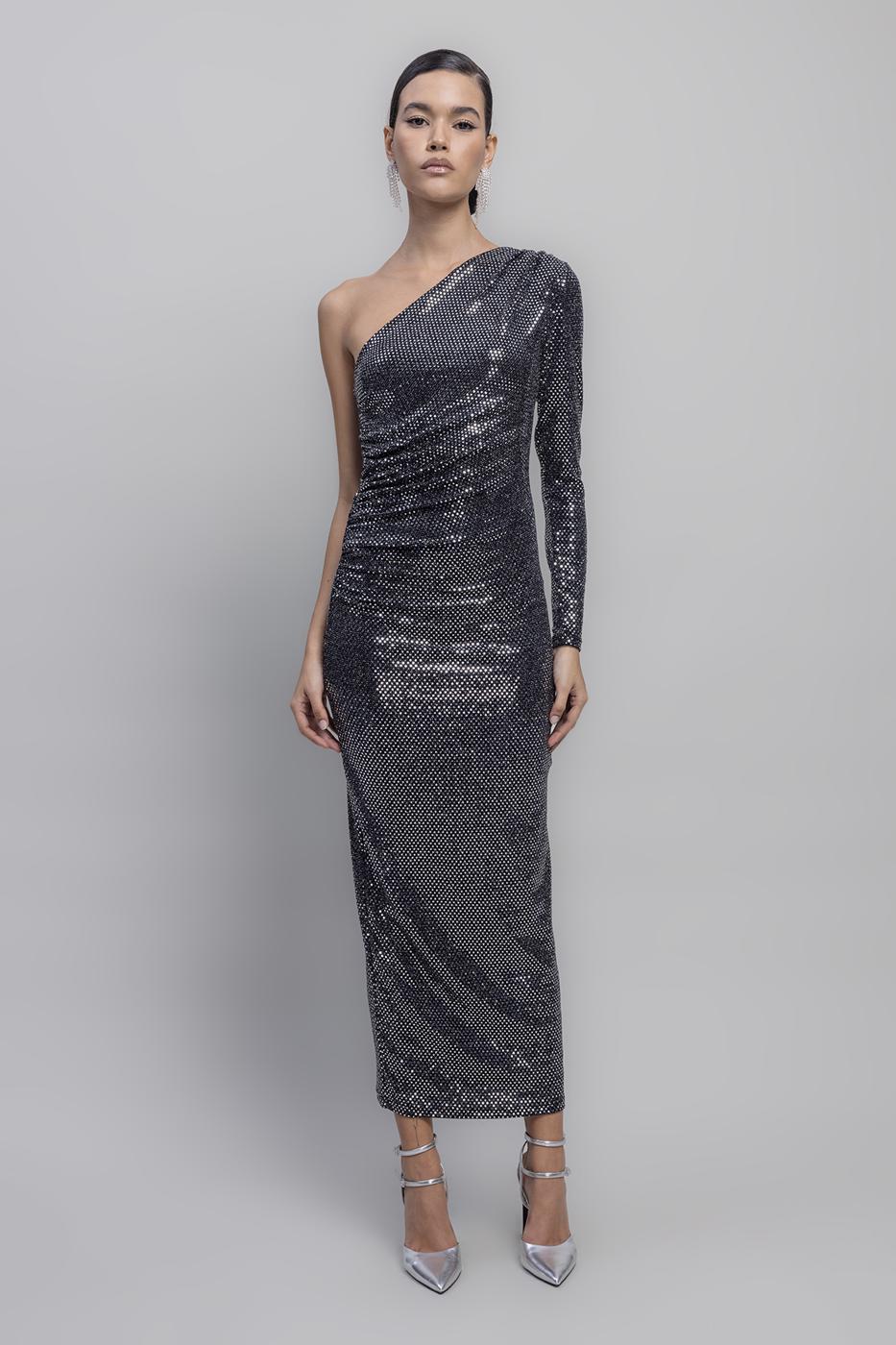 One Shoulder Sequined Midi Dress Silver
