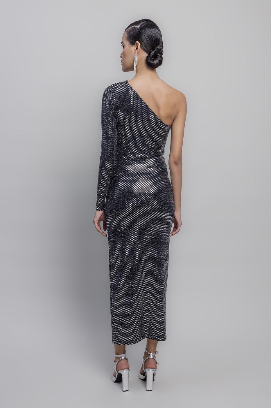 One Shoulder Sequined Midi Dress Silver