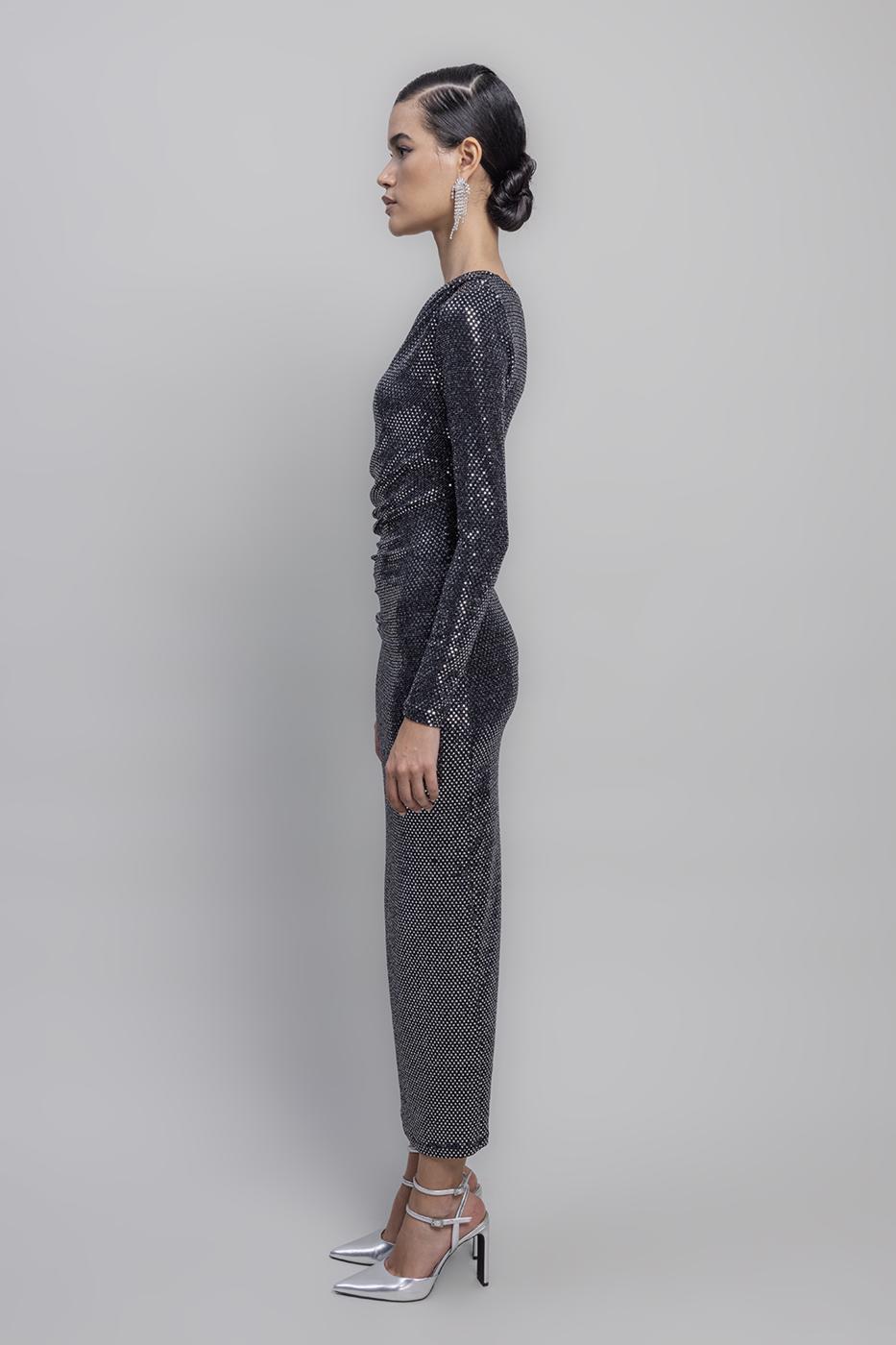 One Shoulder Sequined Midi Dress Silver