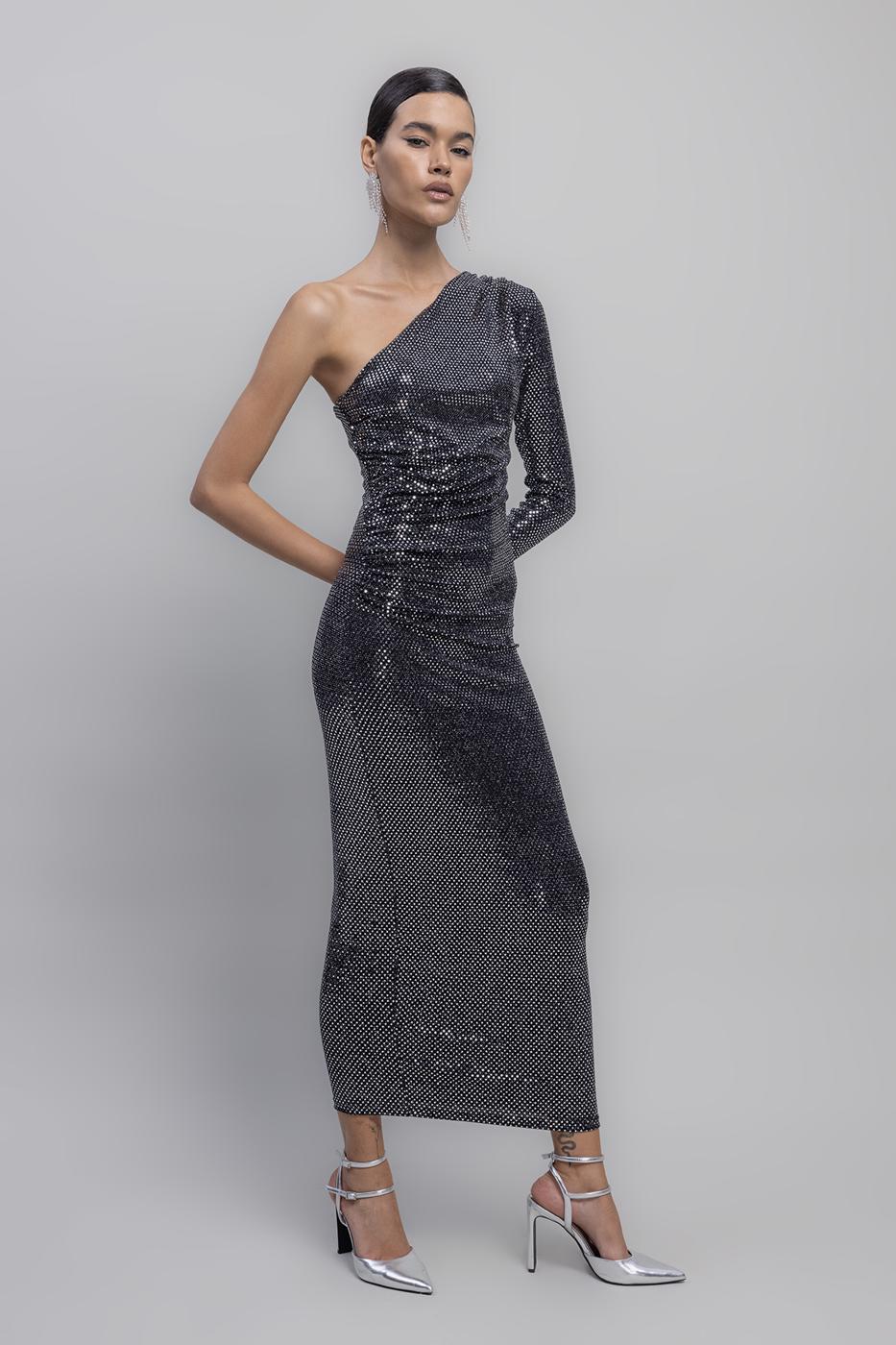 One Shoulder Sequined Midi Dress Silver