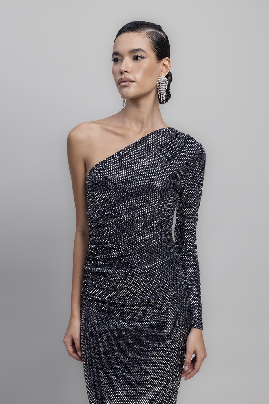 One Shoulder Sequined Midi Dress Silver