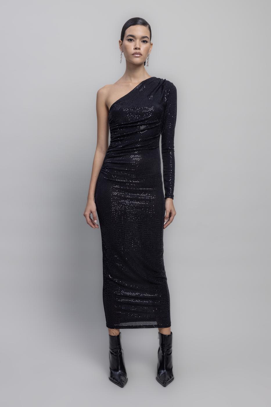 One Shoulder Sequined Midi Dress Black