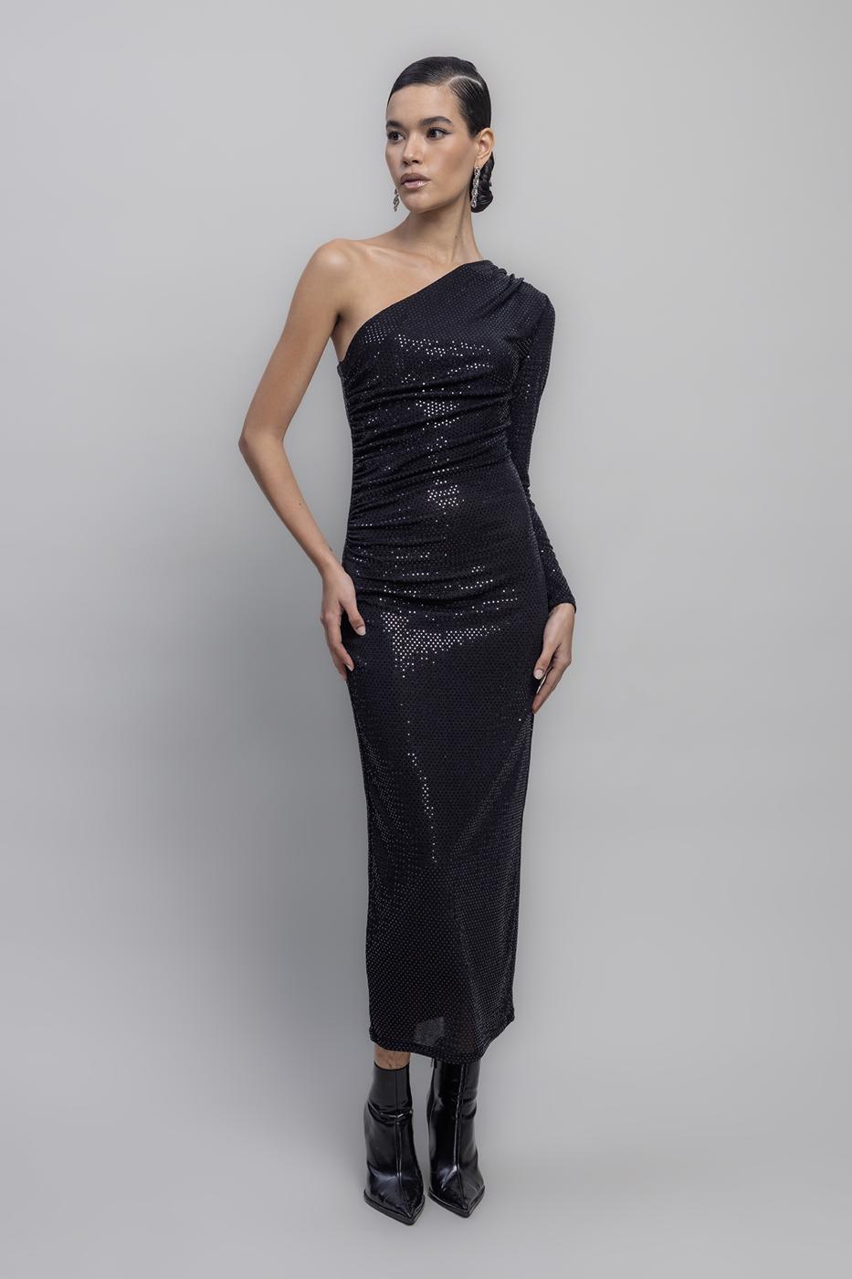One Shoulder Sequined Midi Dress Black