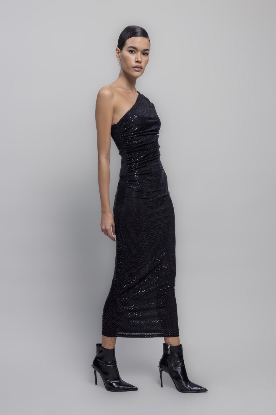 One Shoulder Sequined Midi Dress Black