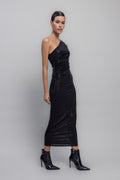 One Shoulder Sequined Midi Dress Black