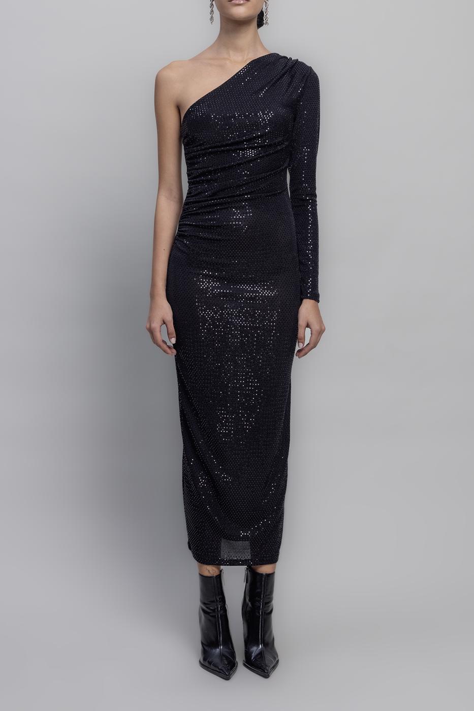One Shoulder Sequined Midi Dress Black