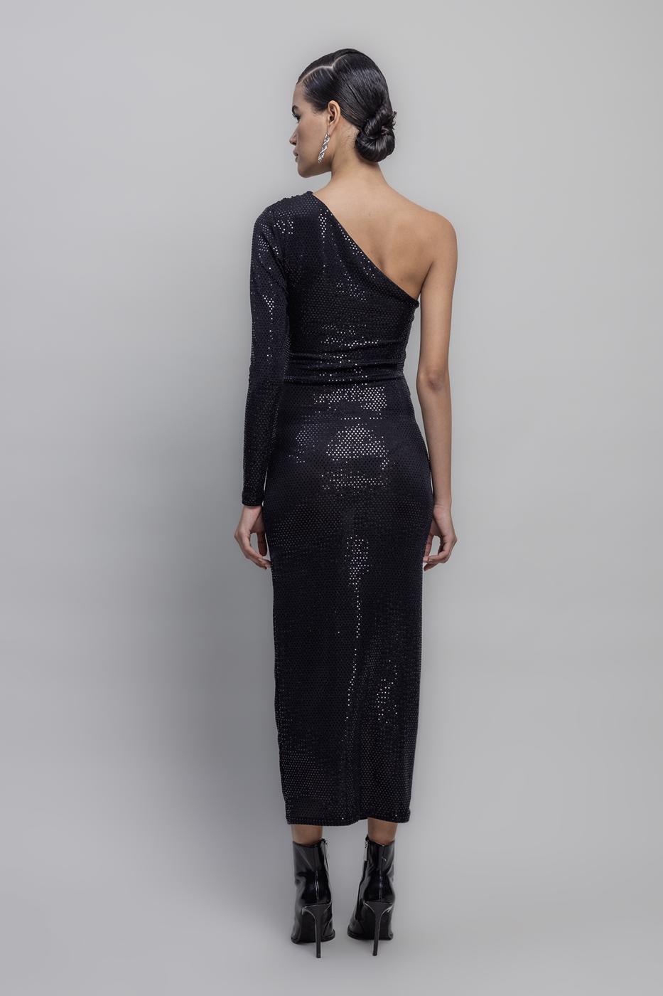One Shoulder Sequined Midi Dress Black