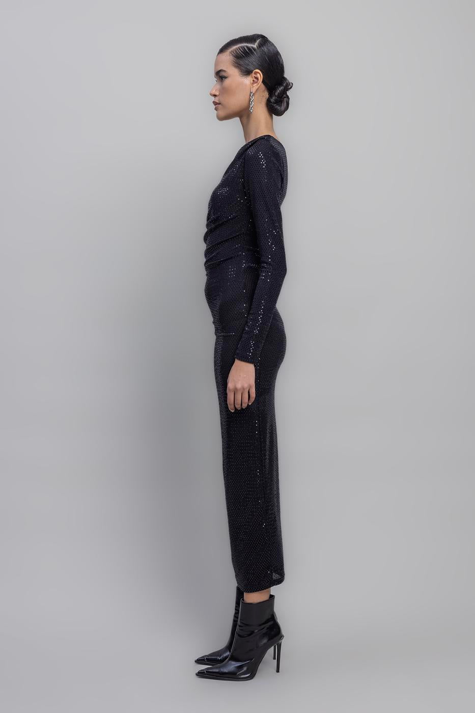 One Shoulder Sequined Midi Dress Black
