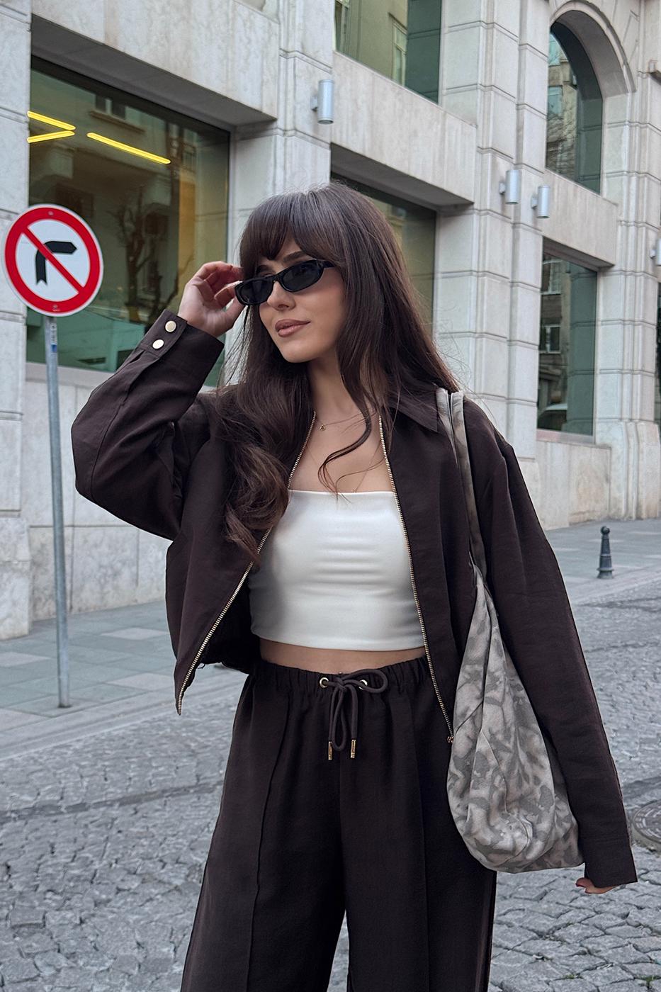 Tencel Metal Zipper Lined Jacket Brown