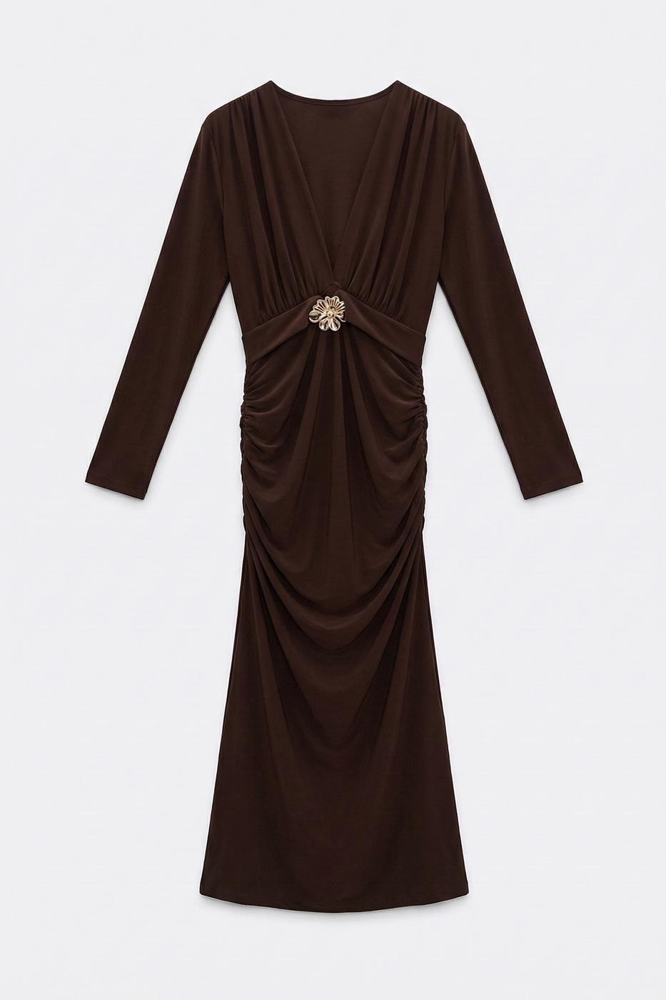 Buckle Detail Deep-Patterned Pencil Dress Brown